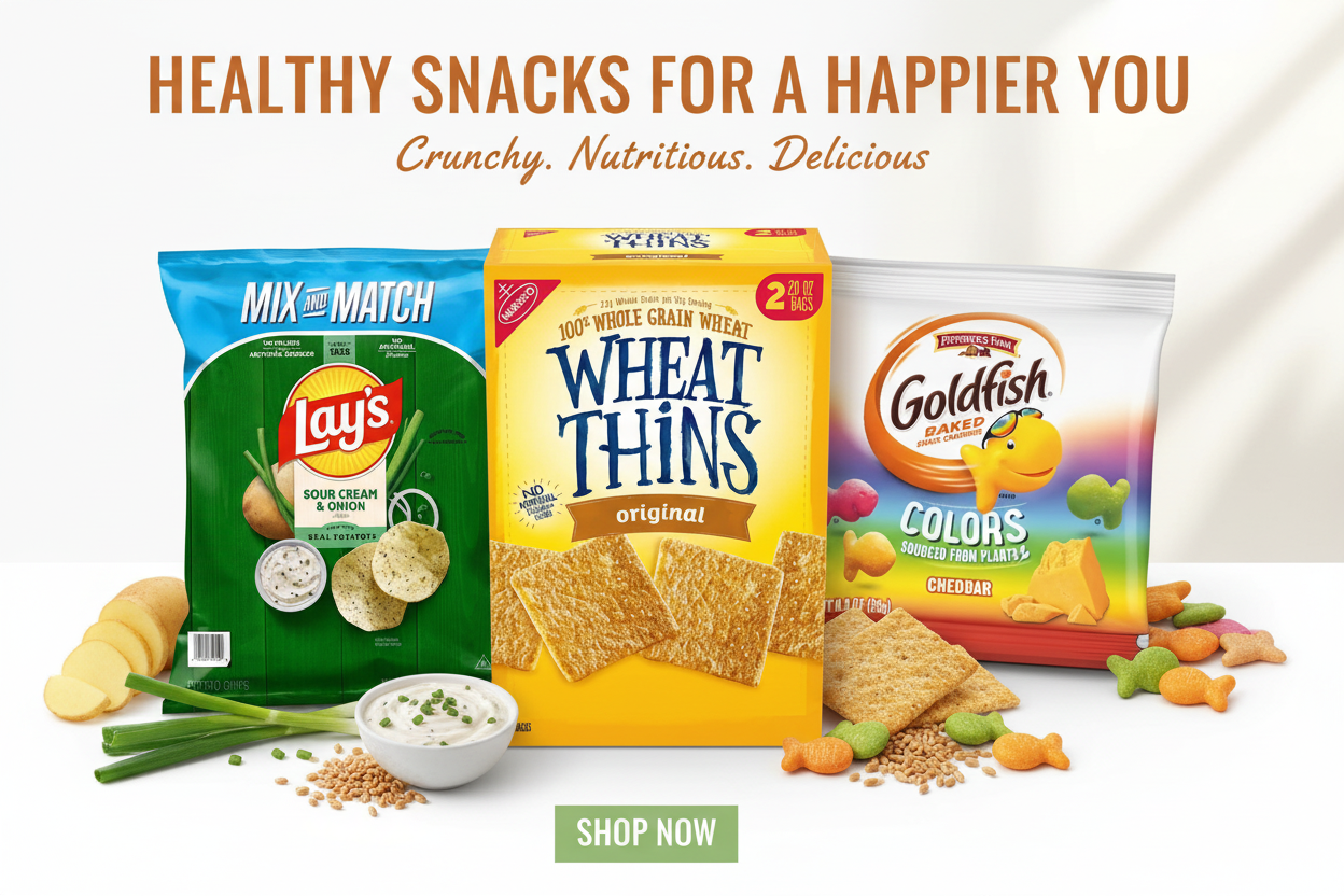Healthy snack variety featuring Lay's Sour Cream & Onion potato chips, Wheat Thins whole grain crackers, and Goldfish cheddar crackers