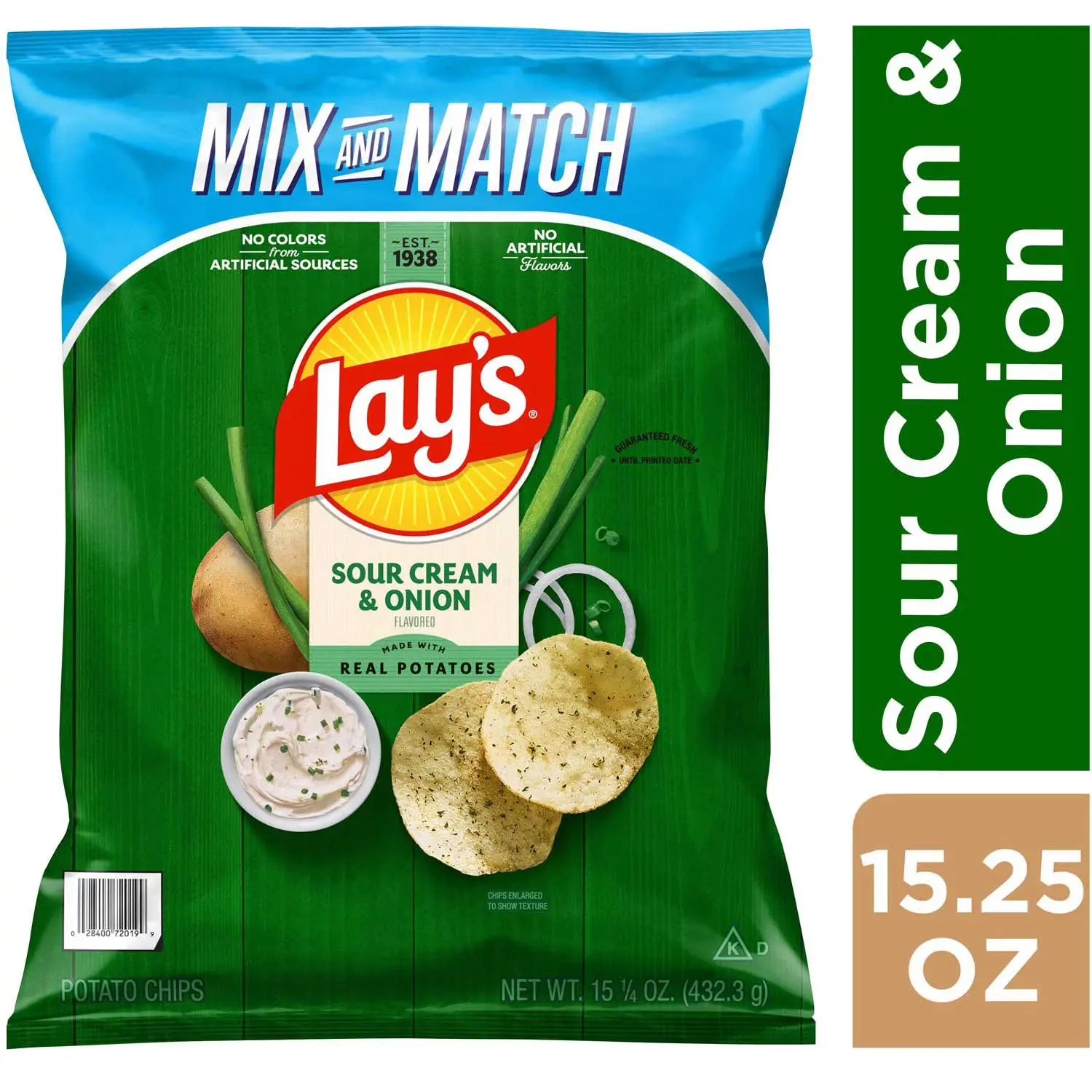 Lay's Sour Cream & Onion potato chips packaging with branding and product details.