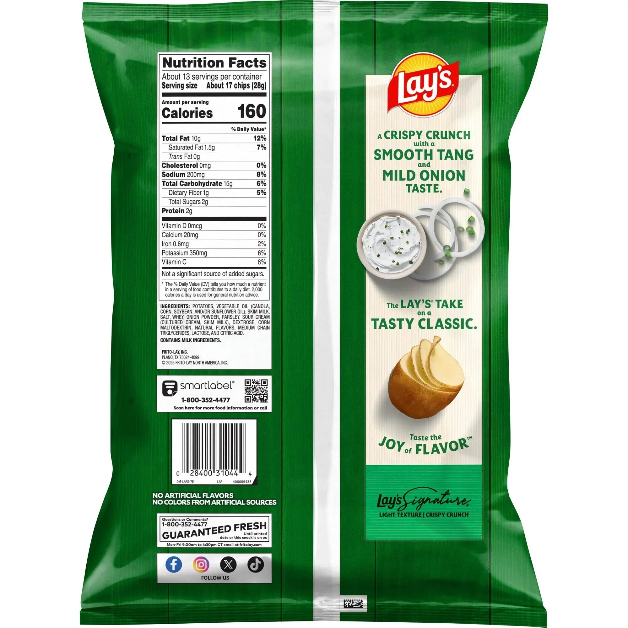 Green Lay's potato chip bag with nutrition facts and flavor description on a white background