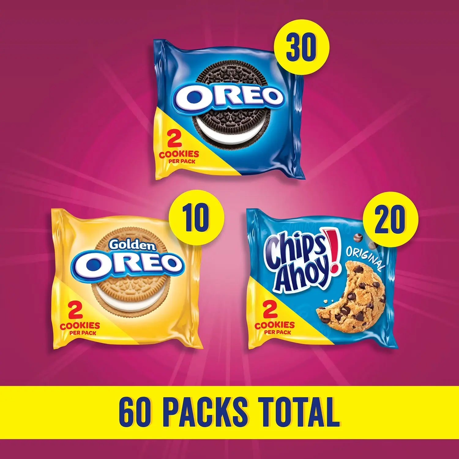 Nabisco Sweet Treats Variety Pack 60 Packs OREO Golden CHIPS AHOY! – Bulk Cookies for American Lunches & Holidays SC