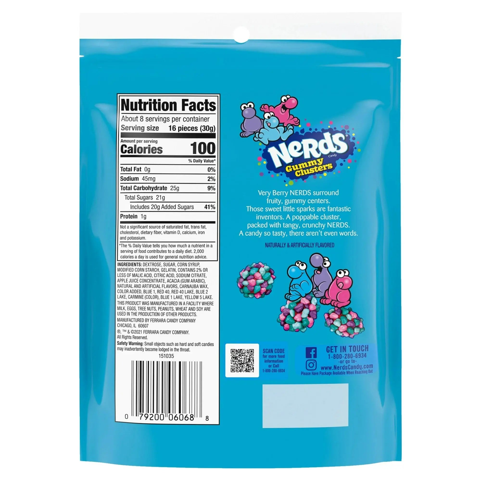 Blue packaging of Nerds gummy cherries with nutrition facts label and product description.