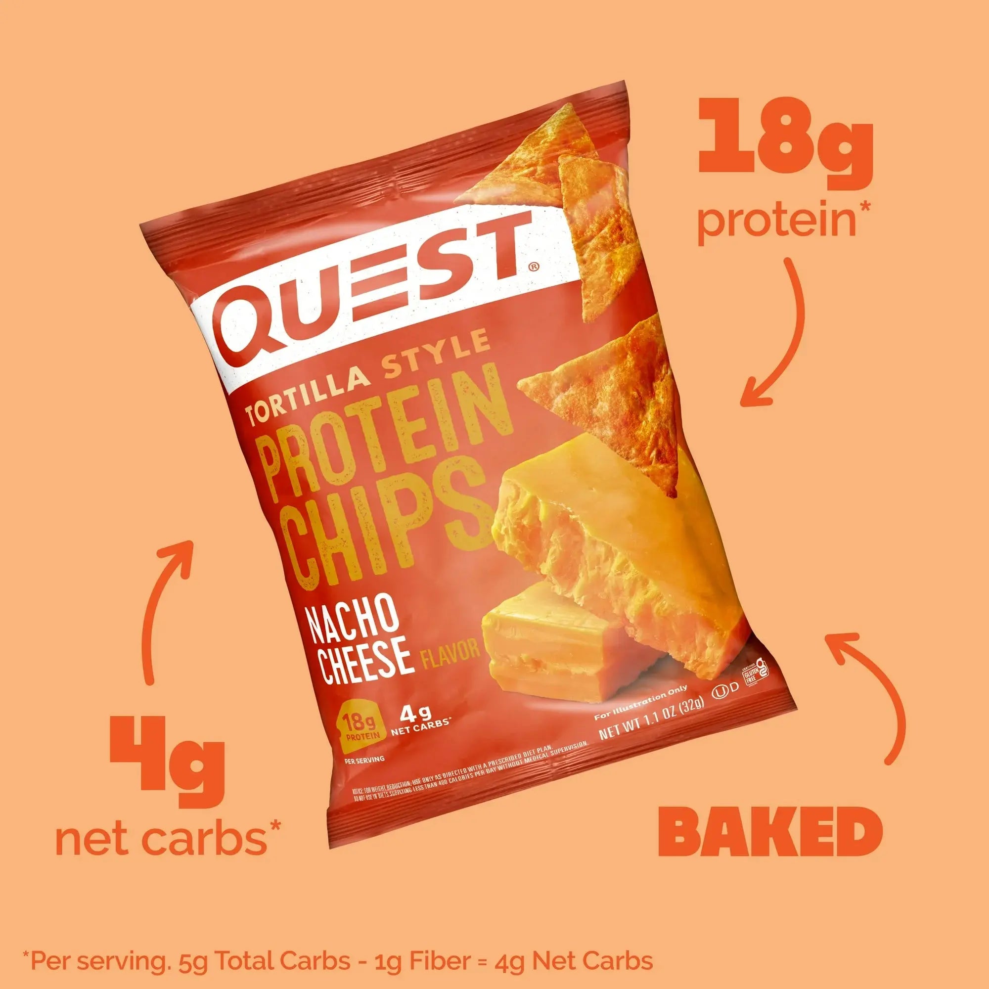 Quest tortilla style protein chips packaging with nutritional information on an orange background