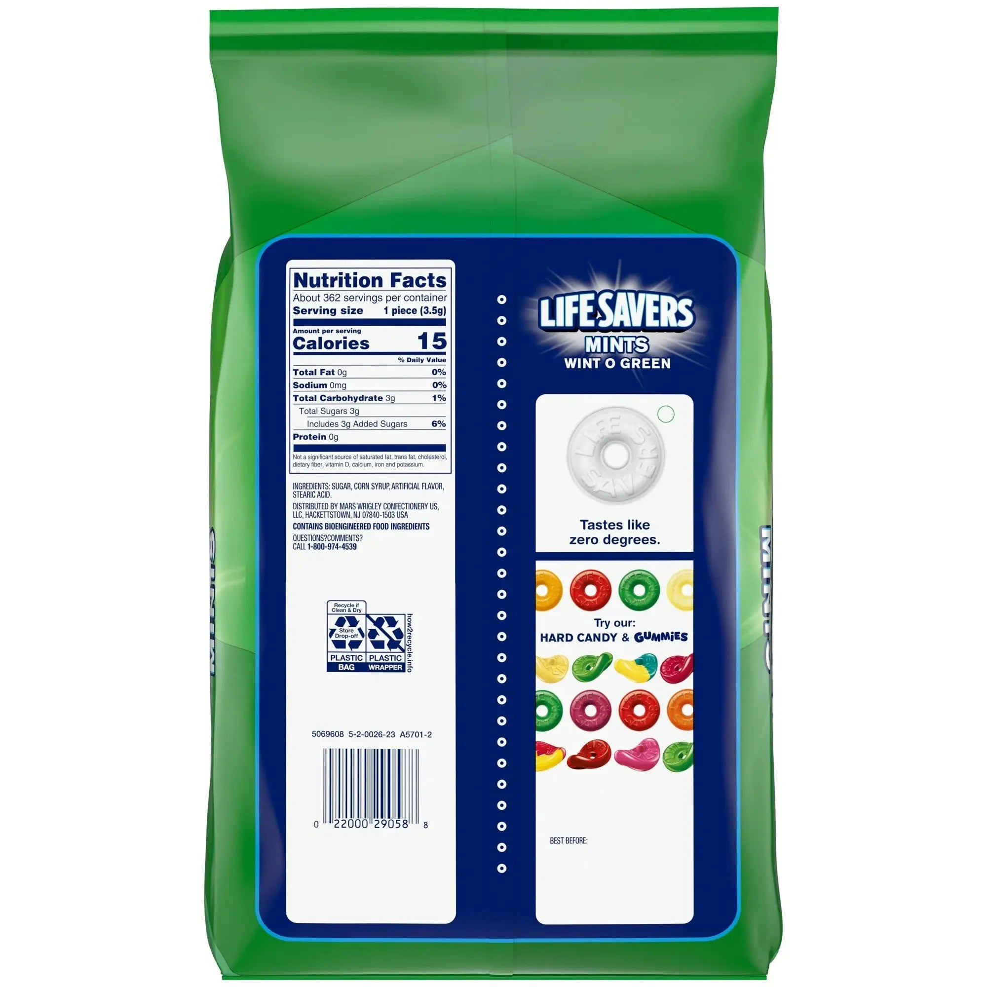 Green package of LifeSavers Mints Wint-O-Green with nutrition facts label on a white background