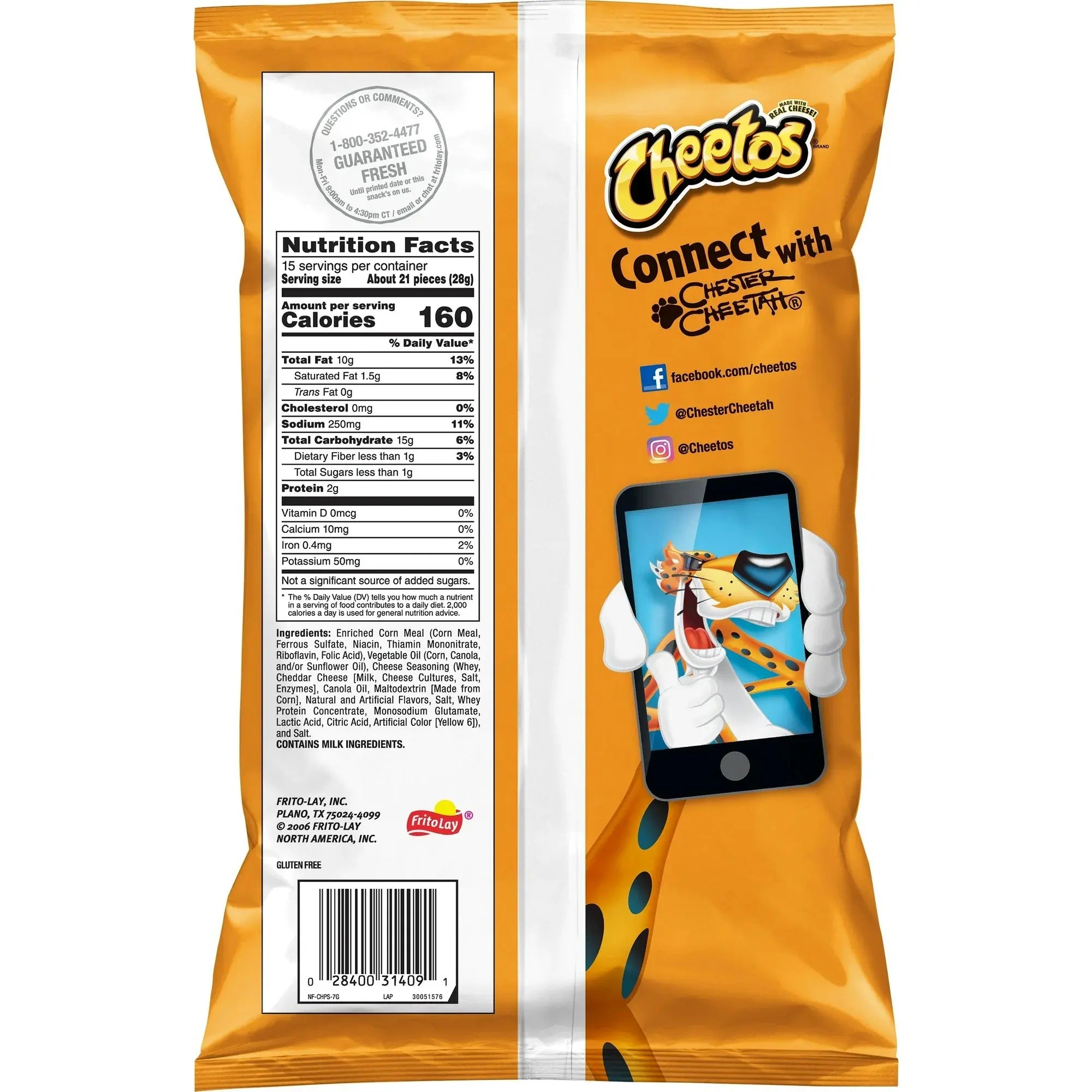 Cheetos snack packet with nutritional information and social media engagement details on a white background