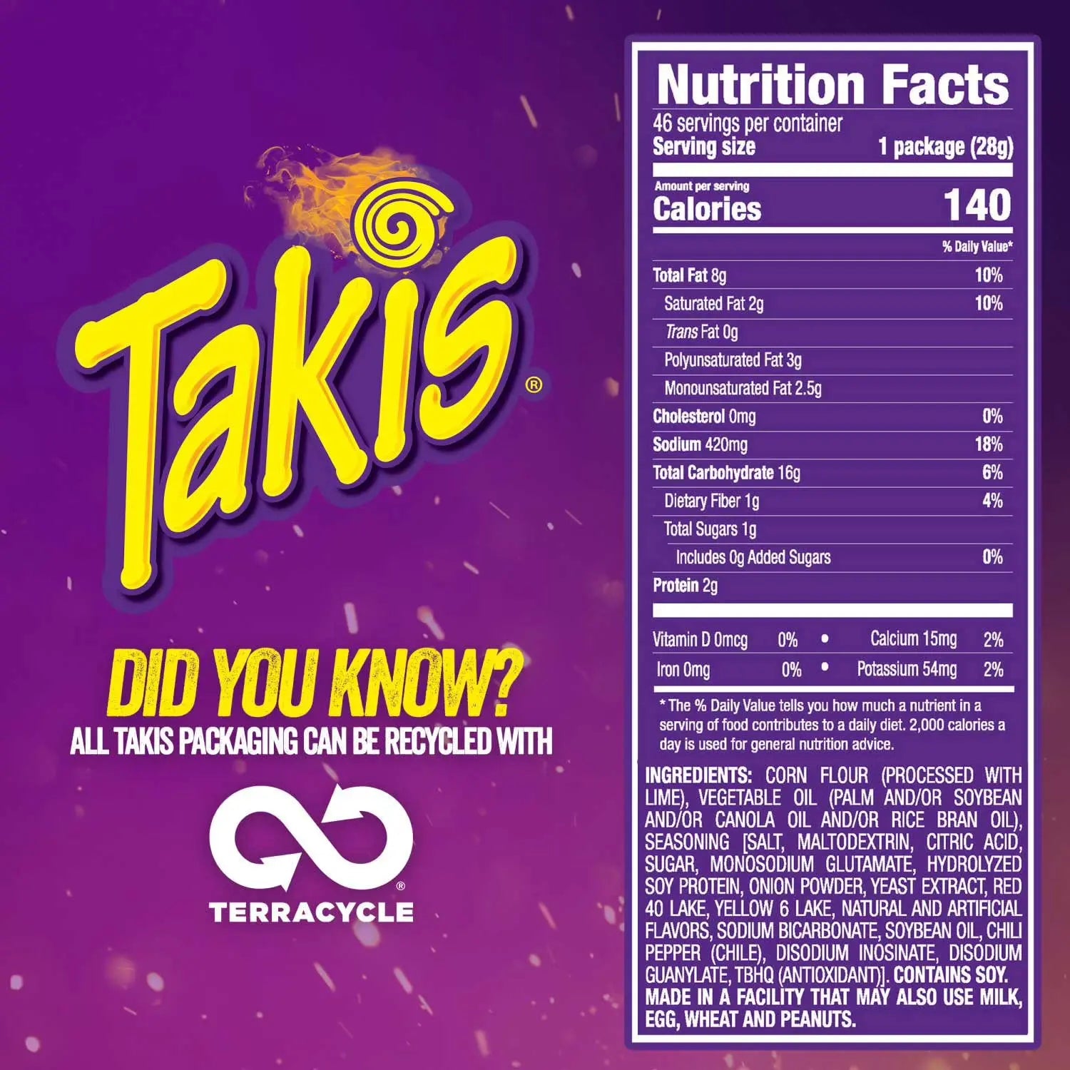 Takis packaging with nutrition facts and recycling information on a purple background