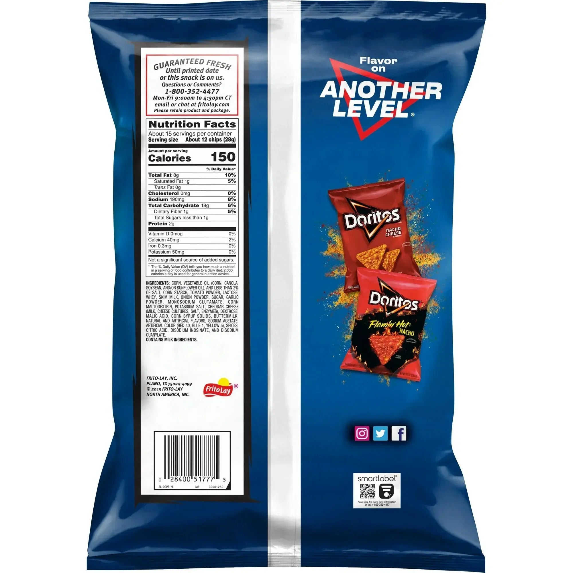 Blue snack bag with Doritos branding and nutritional information on a white background