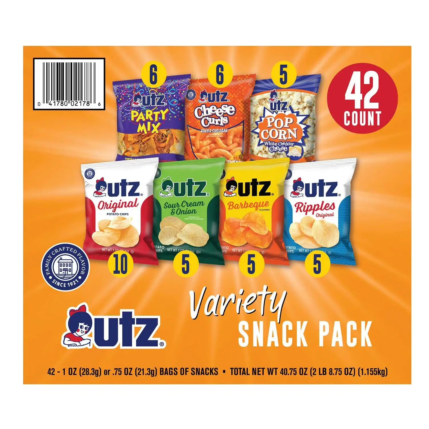 UTZ variety snack pack with different types of snacks on an orange background