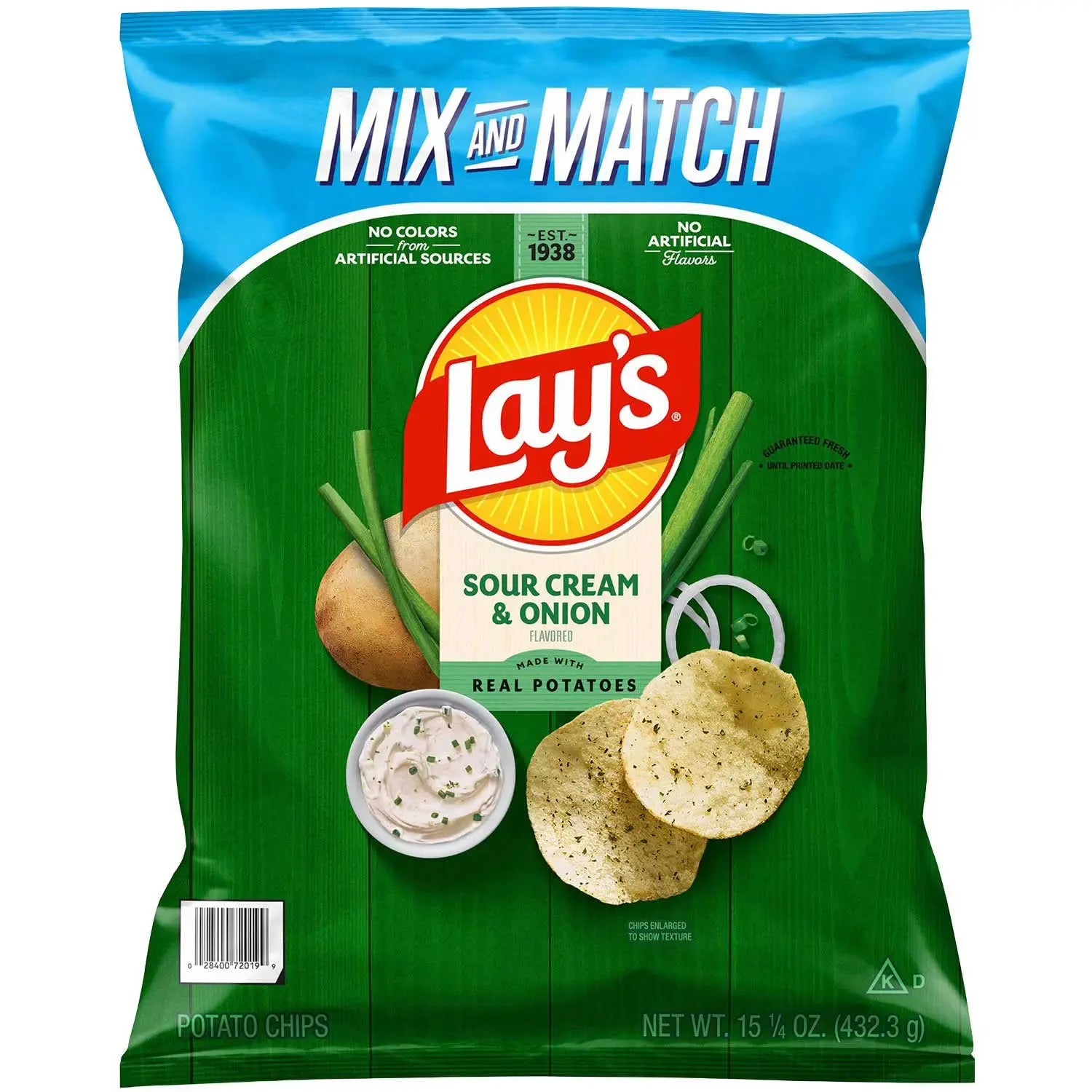 Lay's Sour Cream & Onion potato chips packaging with blue and green design.
