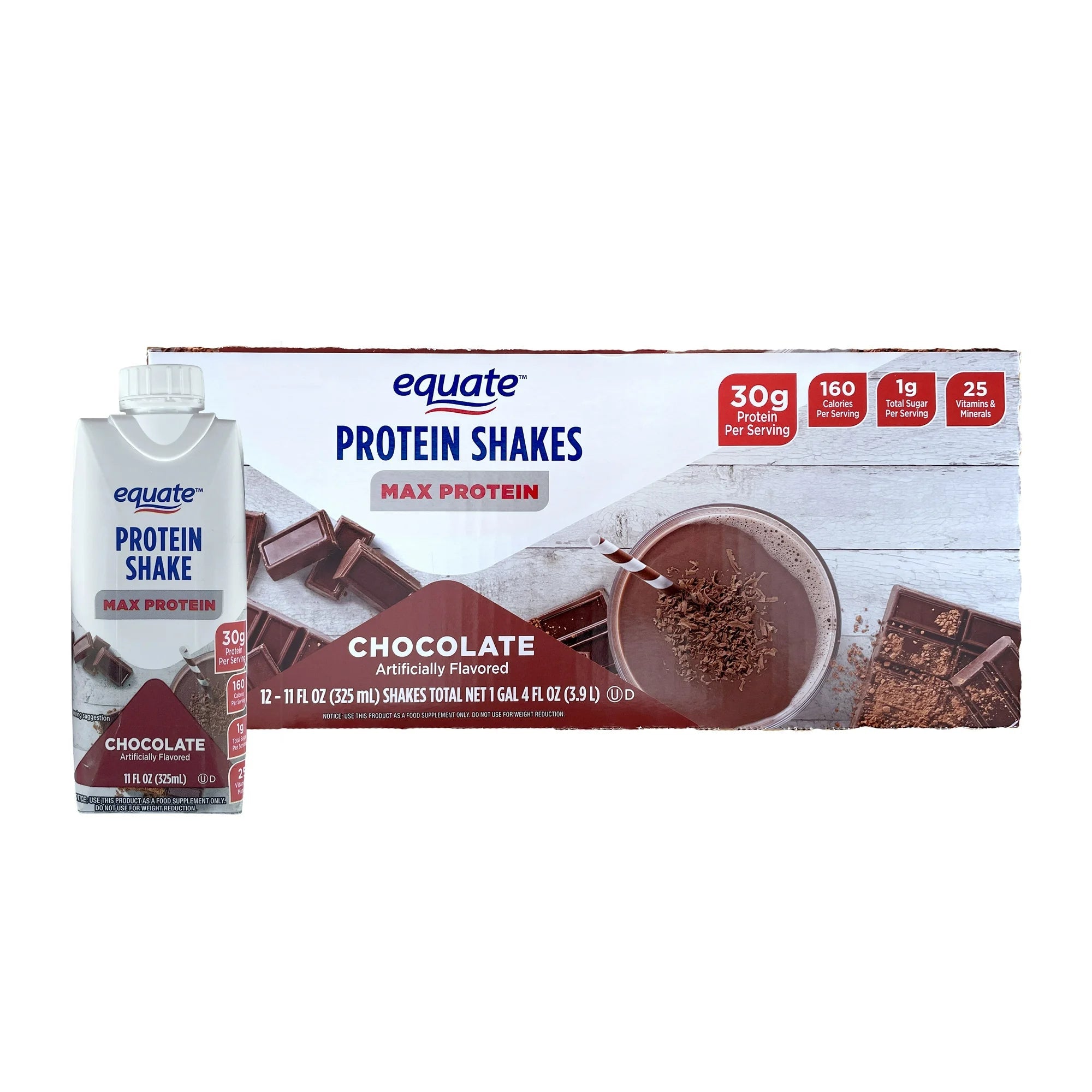 Equate Max Protein Chocolate Nutrition Shake, 30g Protein, 11 fl oz Bottles, 12 Pack - Low Sugar High Protein for Active American Lifestyles WA