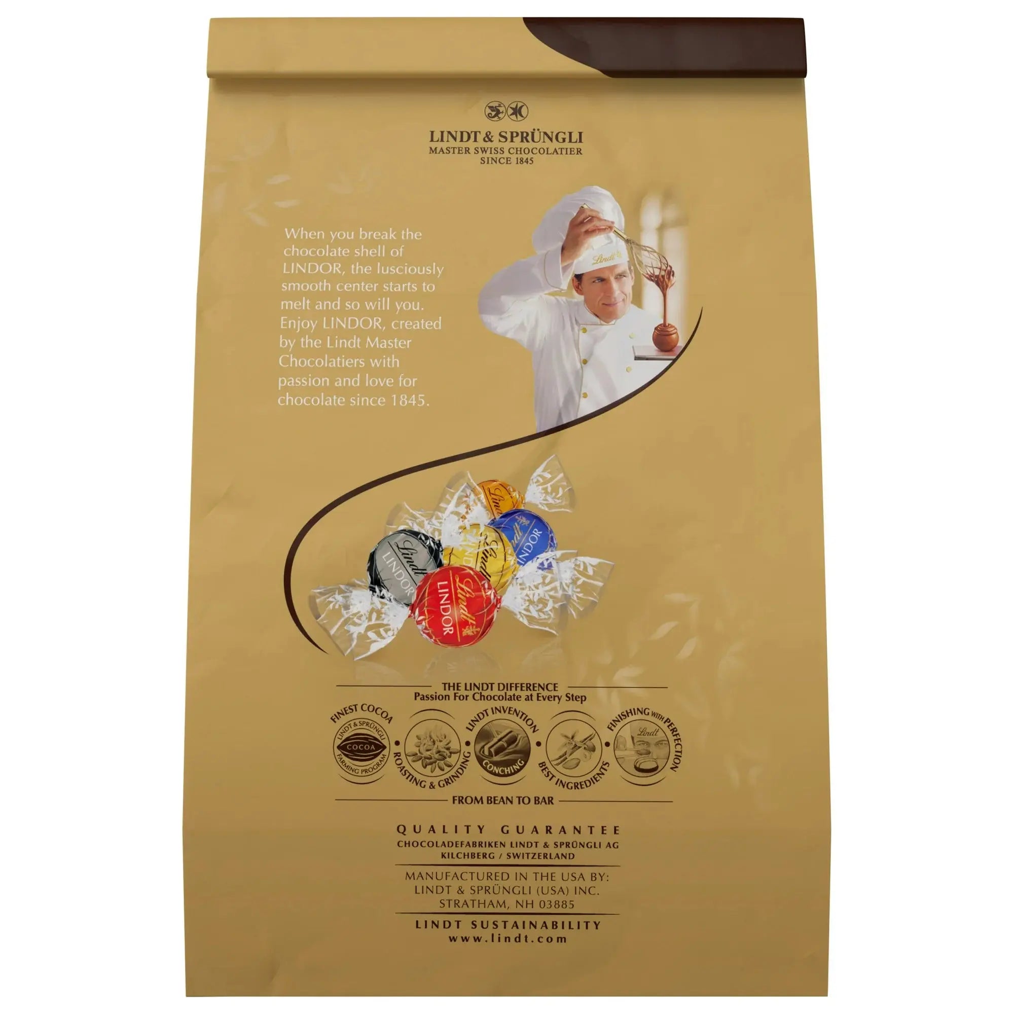 Lindt & Spréngli chocolate packaging with a chef and Lindor truffles illustration.
