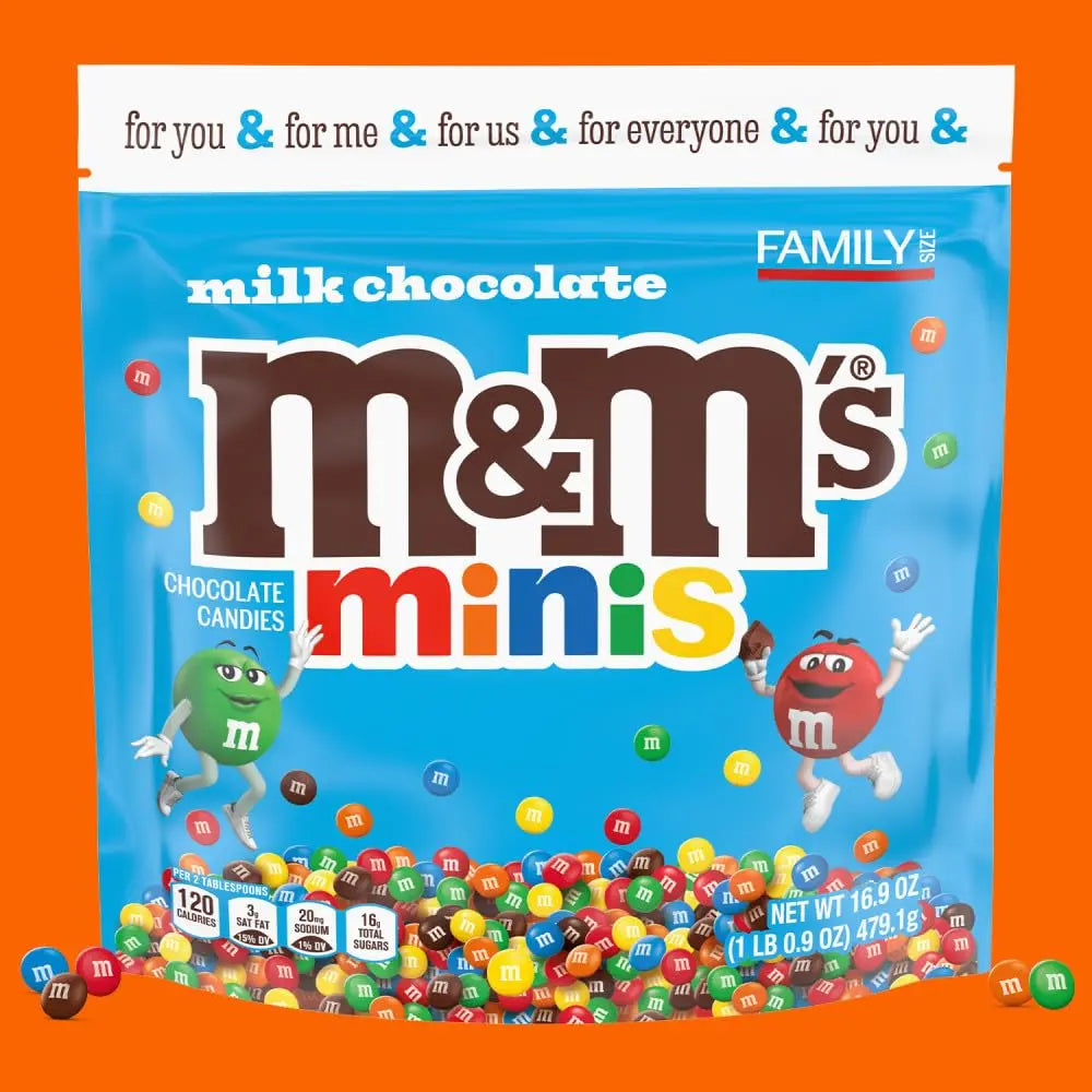 M&M's Minis family size pack on an orange background