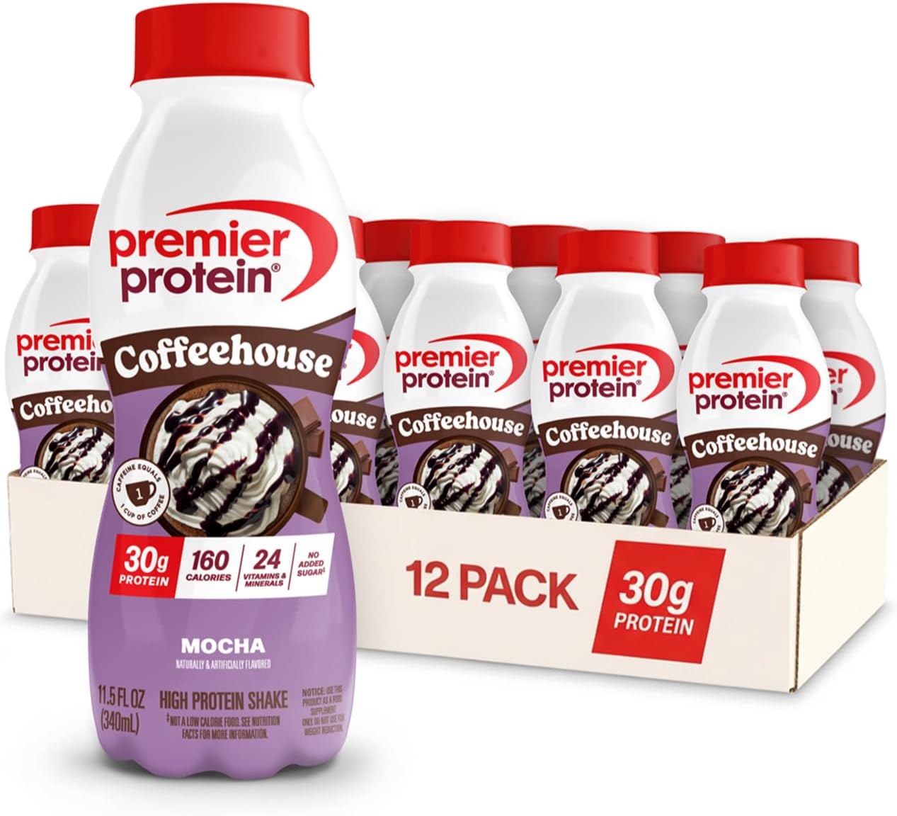 Premier Protein COFFEEHOUSE Mocha Protein Shake with Caffeine for Energy – 30g Protein, No Added Sugar, 24 Vitamins & Minerals, 11.5 fl oz, 12 Pack