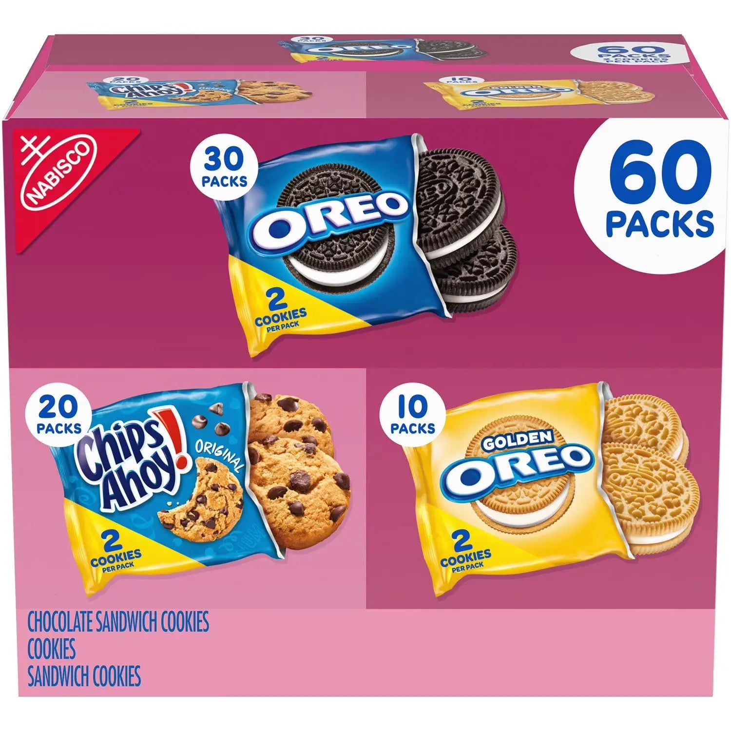 Nabisco Sweet Treats Variety Pack 60 Packs OREO Golden CHIPS AHOY! – Bulk Cookies for American Lunches & Holidays SC