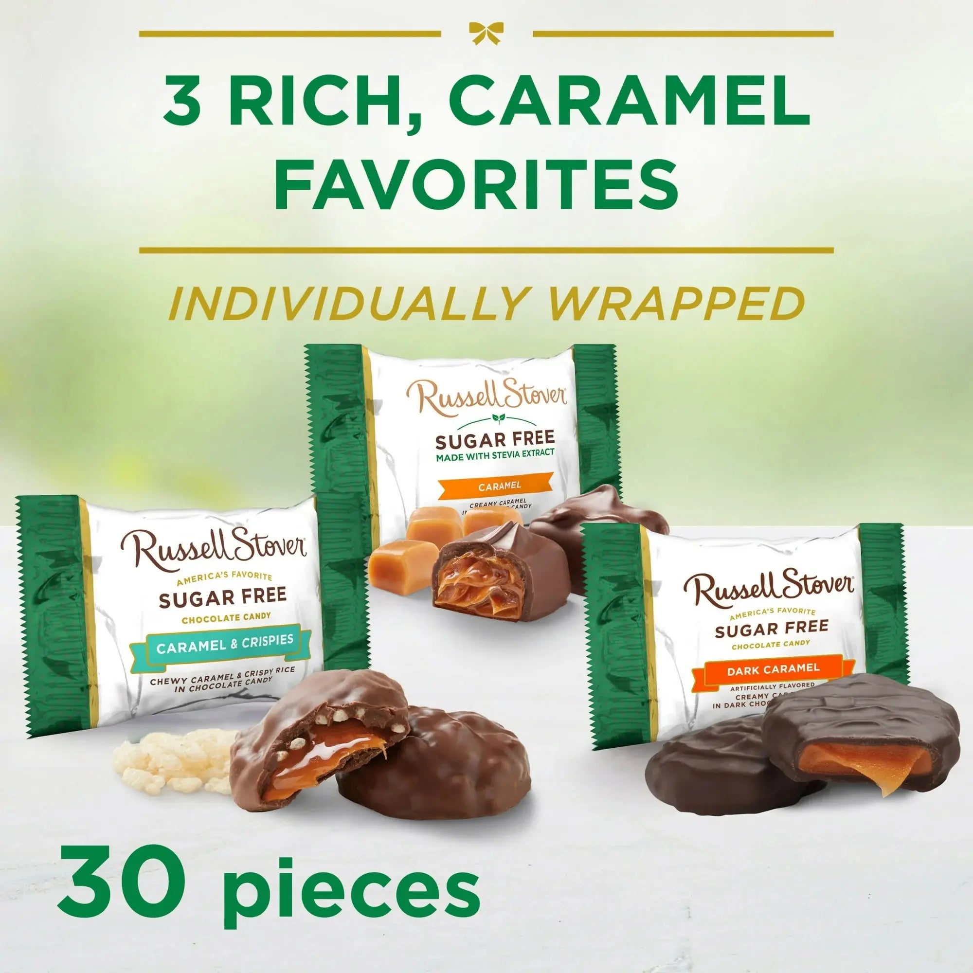 Russell Stover candy packages with text about rich caramel favorites and sugar-free options.