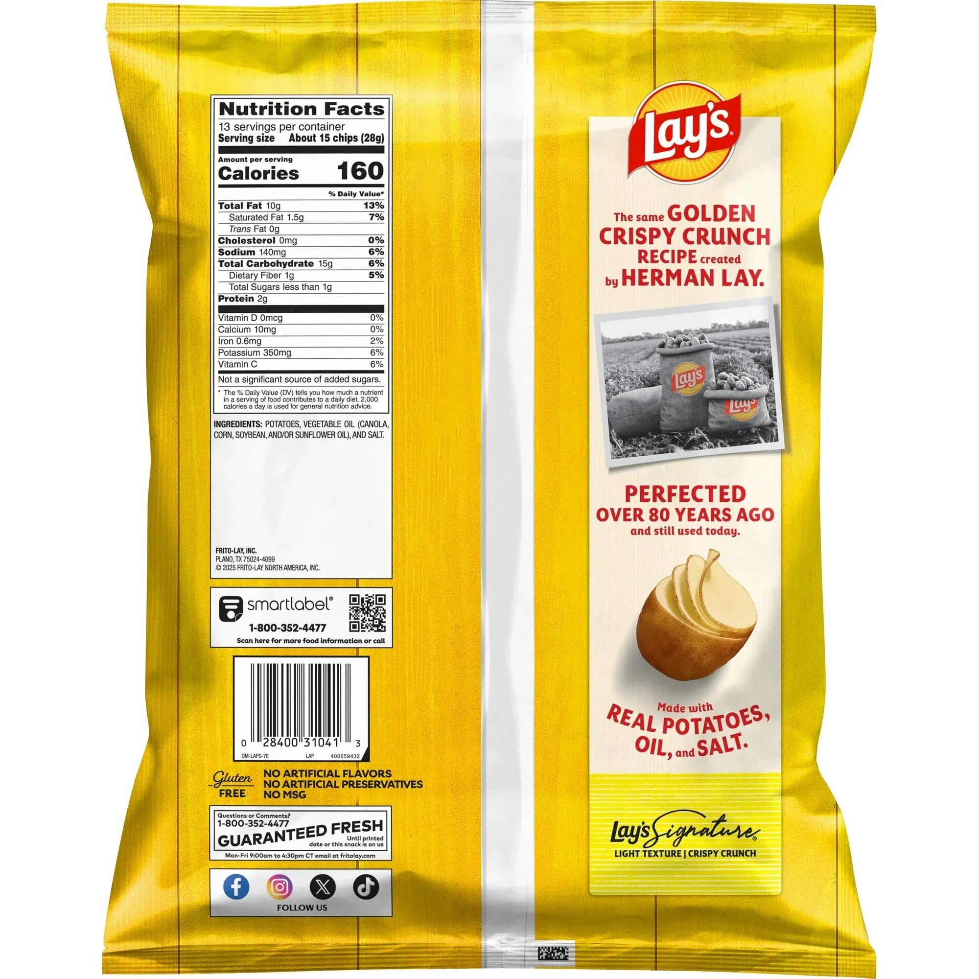 Lay's potato chip bag with nutritional information and branding details on a white background