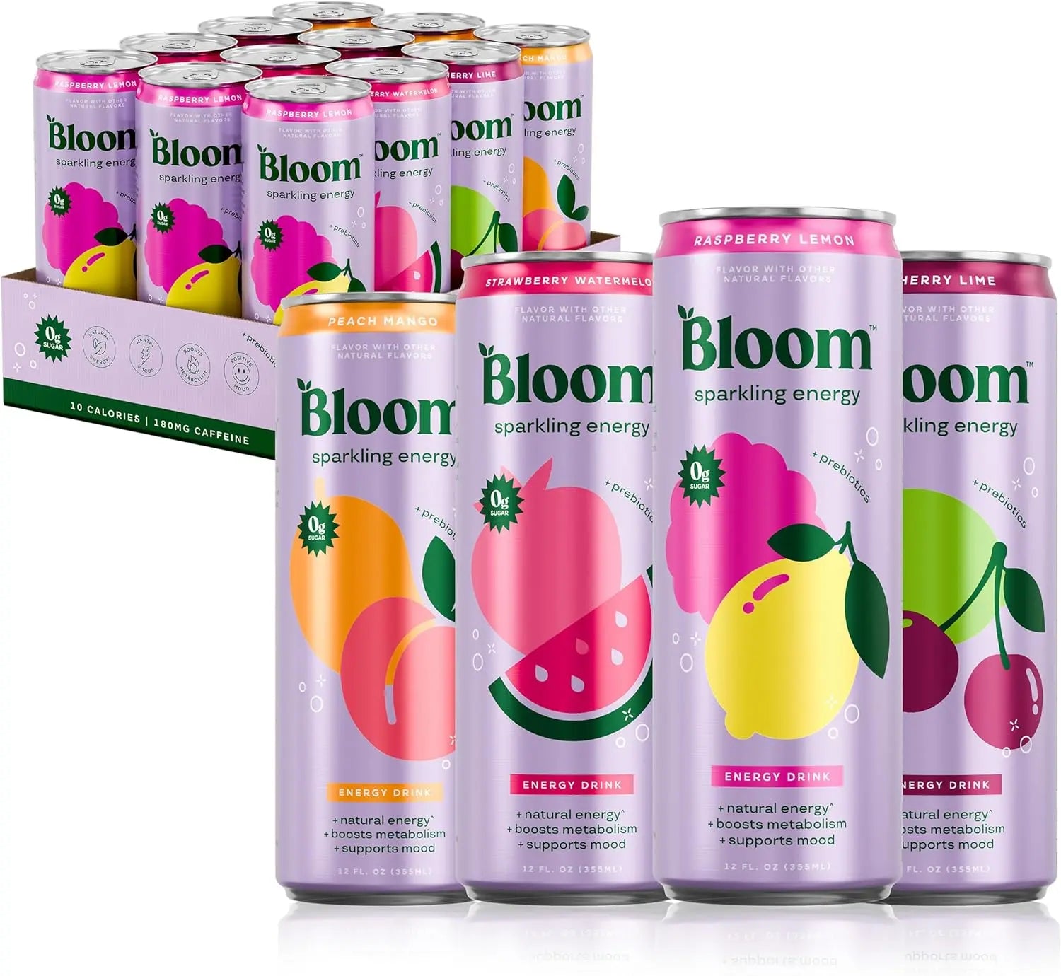 Bloom Nutrition Sparkling Energy Drink Variety Pack, Strawberry Watermelon Raspberry Lemon Peach Mango, 12 oz Cans, 12-Count for US Wellness Fans AZ