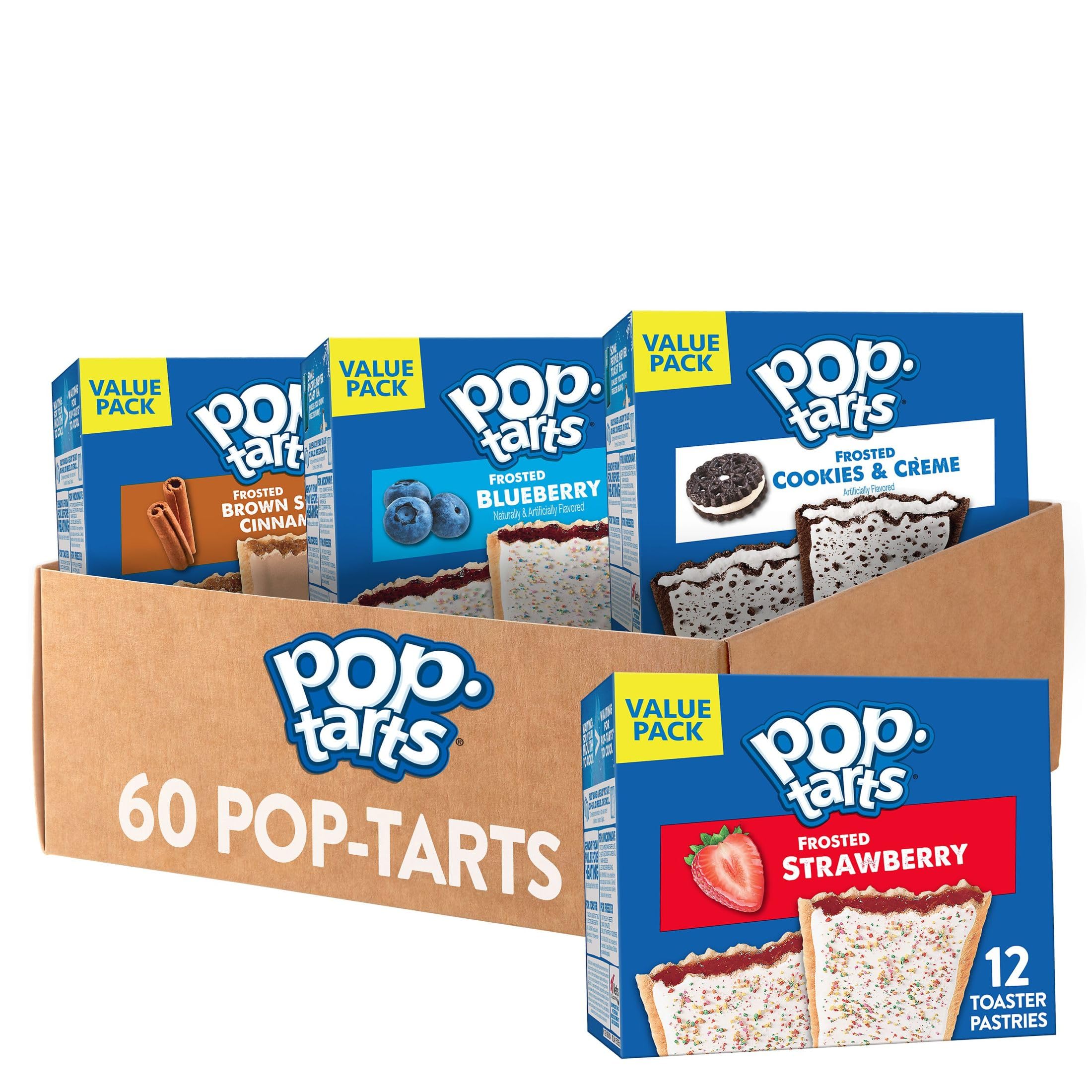 Pop-Tarts Frosted 4-Flavor Variety Pack Toaster Pastries, 60-Count - Strawberry, Blueberry, Brown Sugar Cinnamon, Cookies & Creme AZ