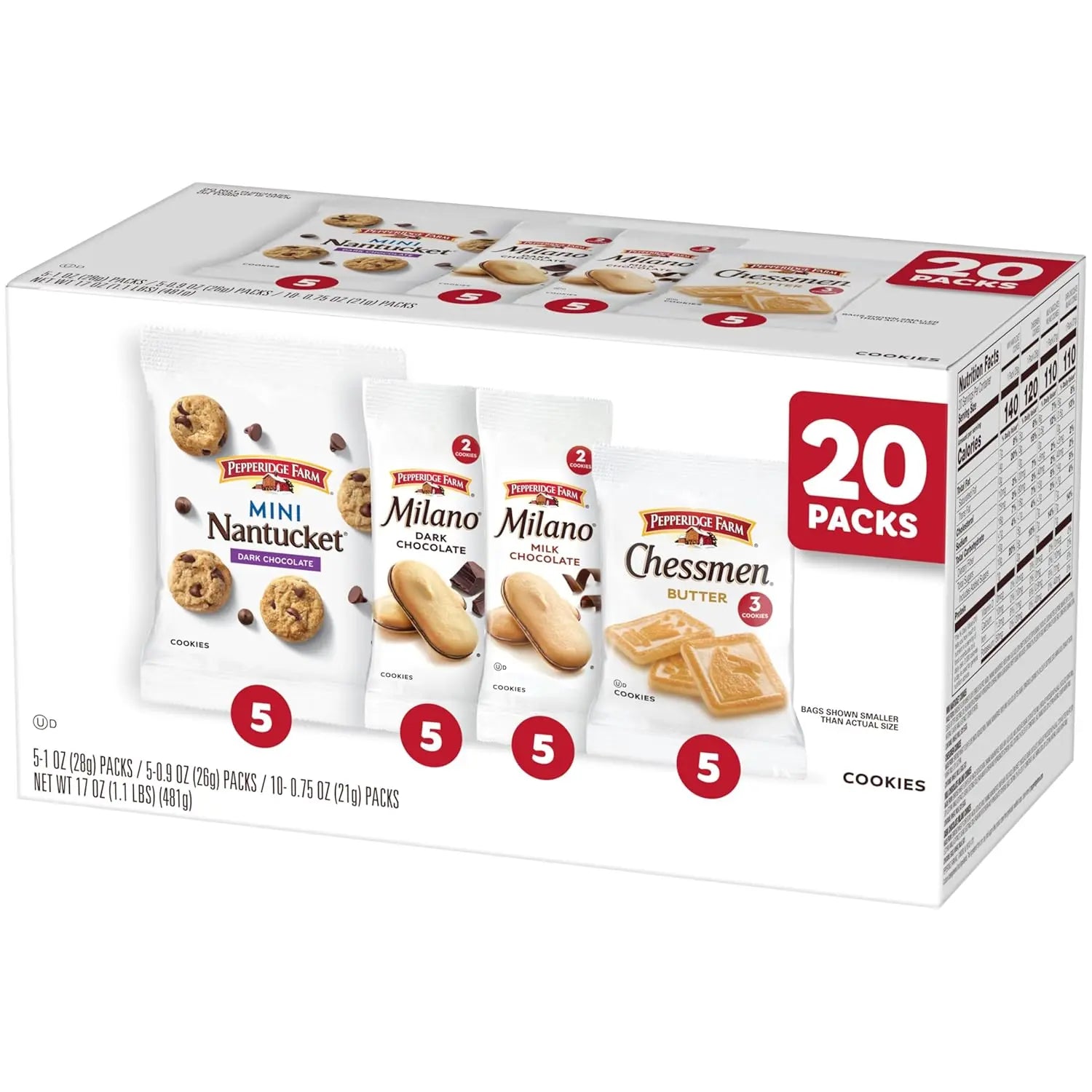 Pepperidge Farm Cookies Variety Pack - Chessmen, Mini Nantucket, Milano Milk & Dark Chocolate, 20 Snack Packs for American Shoppers AZ