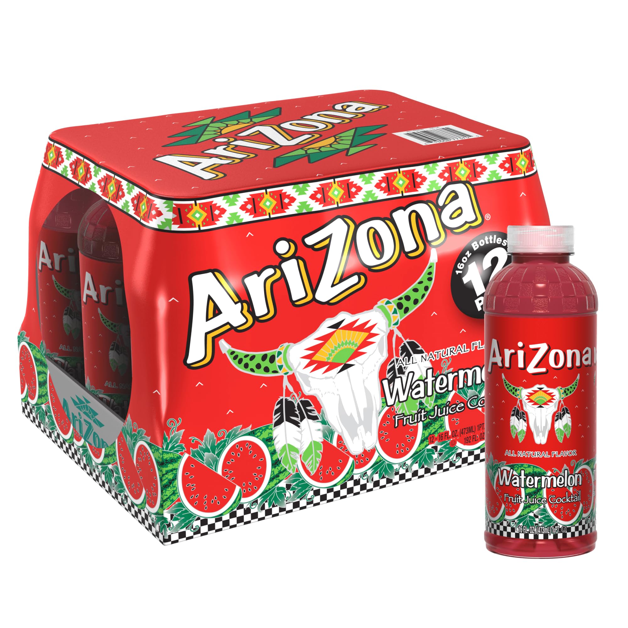 AriZona Watermelon Fruit Juice Cocktail, 16 Fl Oz Bottles, 12 Pack - Real Juice, Vitamin C, Natural for American Drinkers Growth Grid