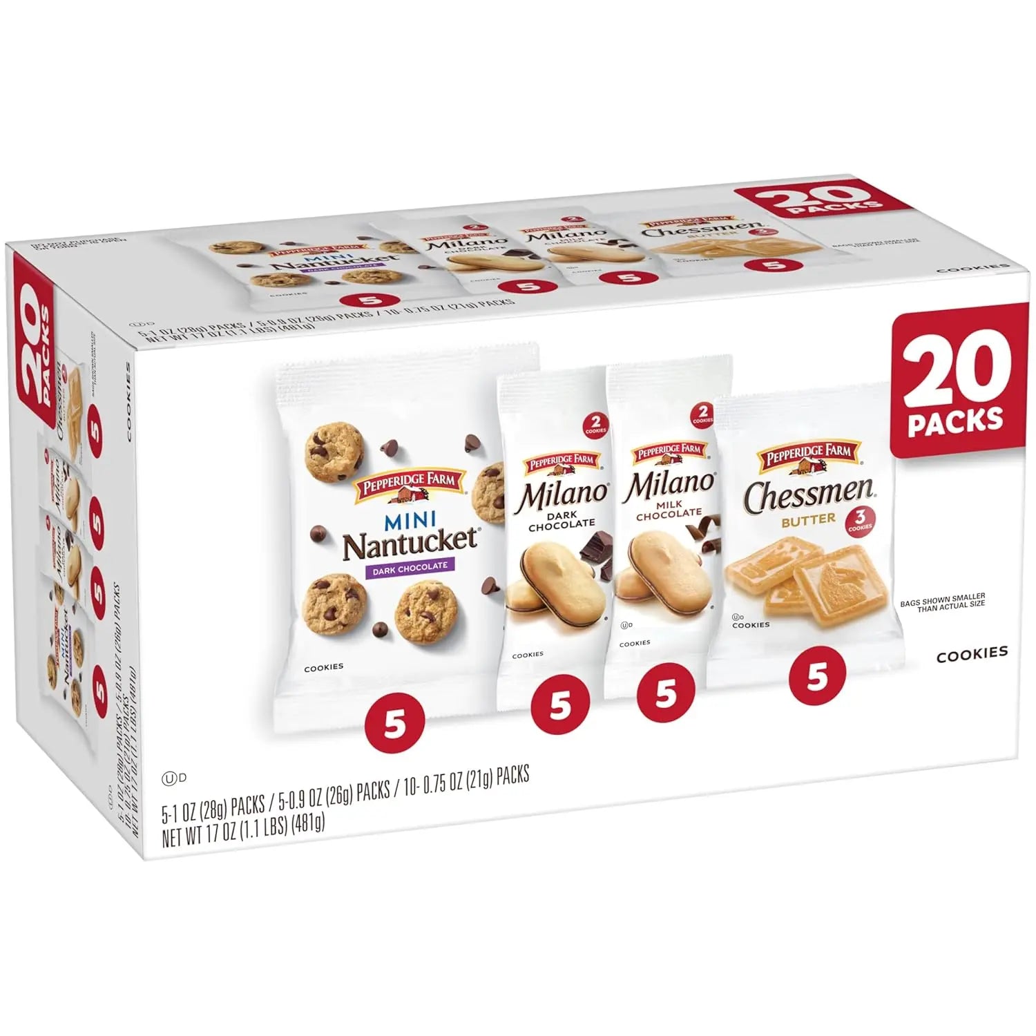 Pepperidge Farm Cookies Variety Pack - Chessmen, Mini Nantucket, Milano Milk & Dark Chocolate, 20 Snack Packs for American Shoppers AZ