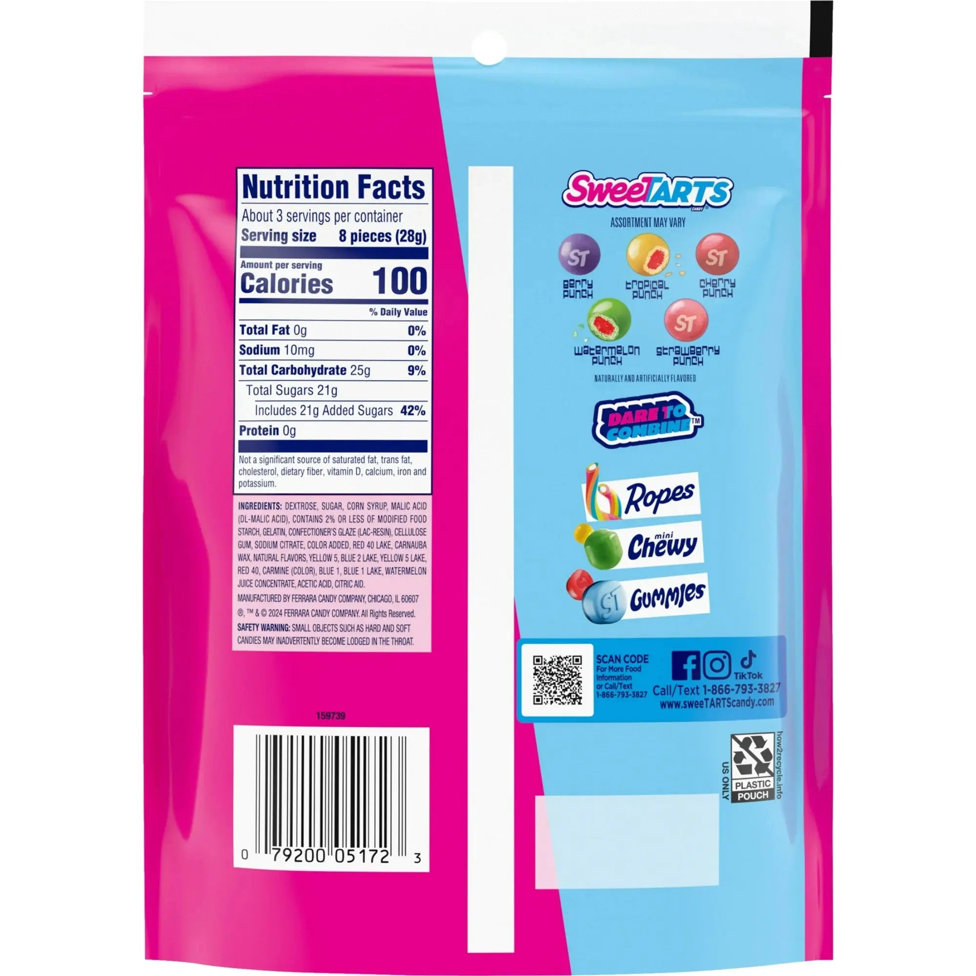 Back view of a Sweetarts candy package with nutrition facts and product information.