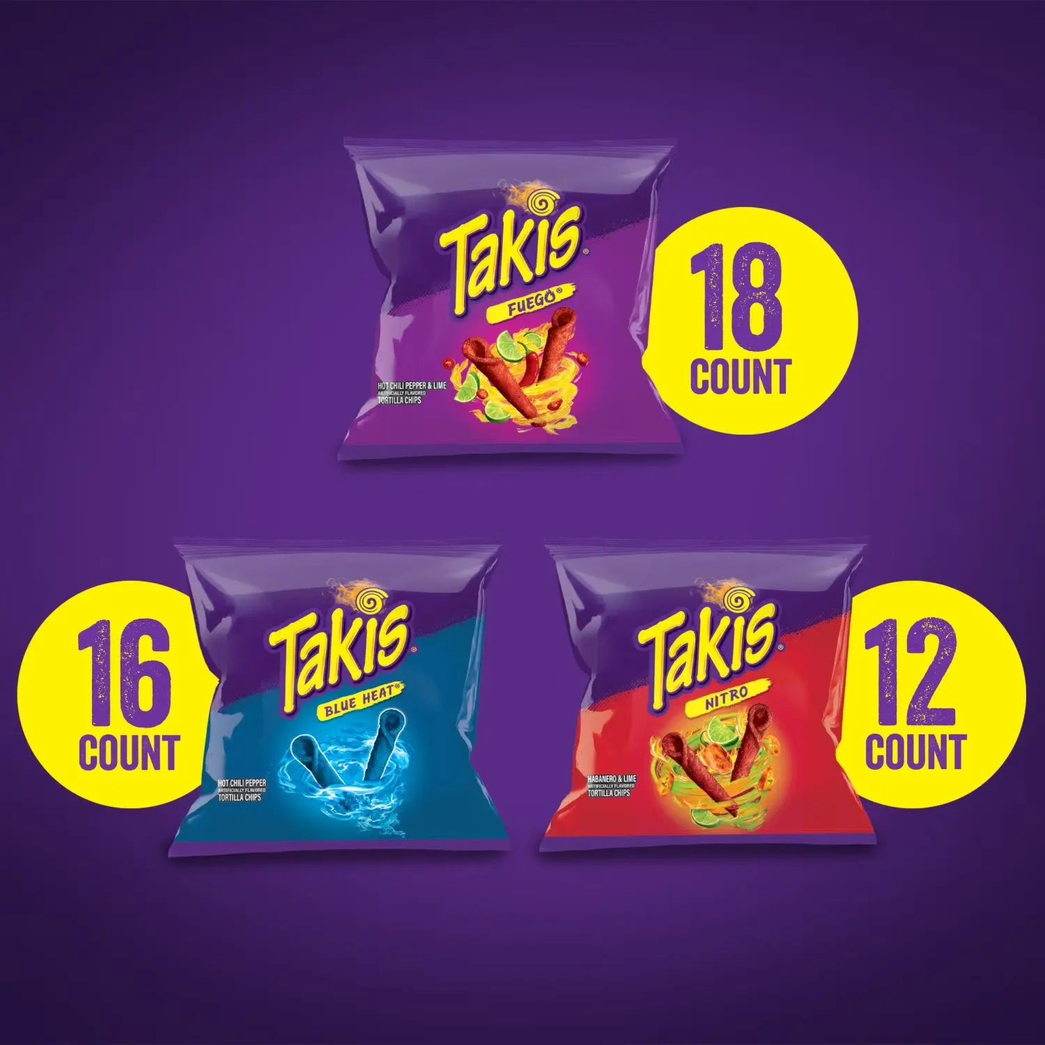 Three packages of Takis chips with different flavors on a purple background