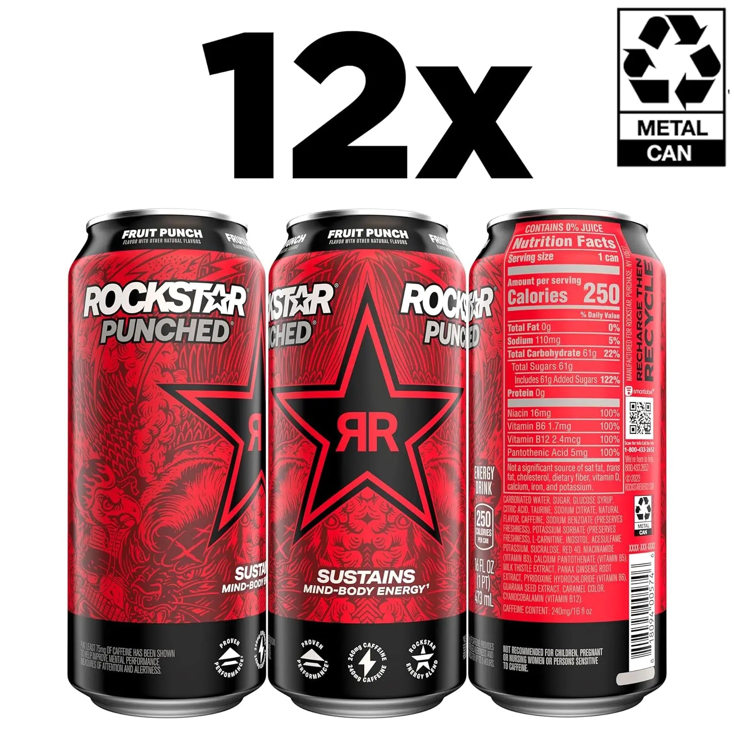 Rockstar Punched Zero Sugar Fruit Punch & Grape Energy Drink, 16 fl oz Cans, 12 Pack for American Fitness Fans AZ