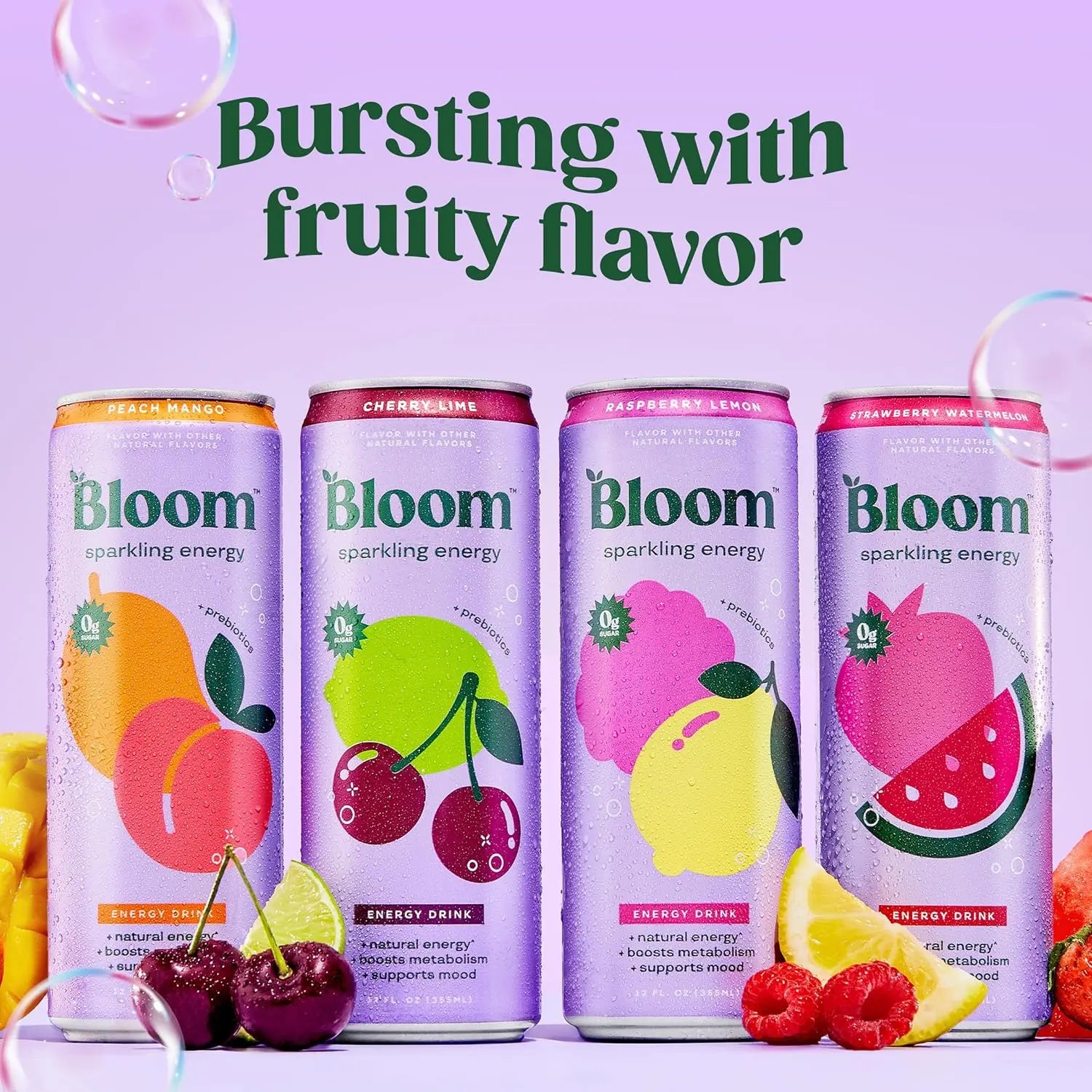 Bloom Nutrition Sparkling Energy Drink Variety Pack, Strawberry Watermelon Raspberry Lemon Peach Mango, 12 oz Cans, 12-Count for US Wellness Fans AZ