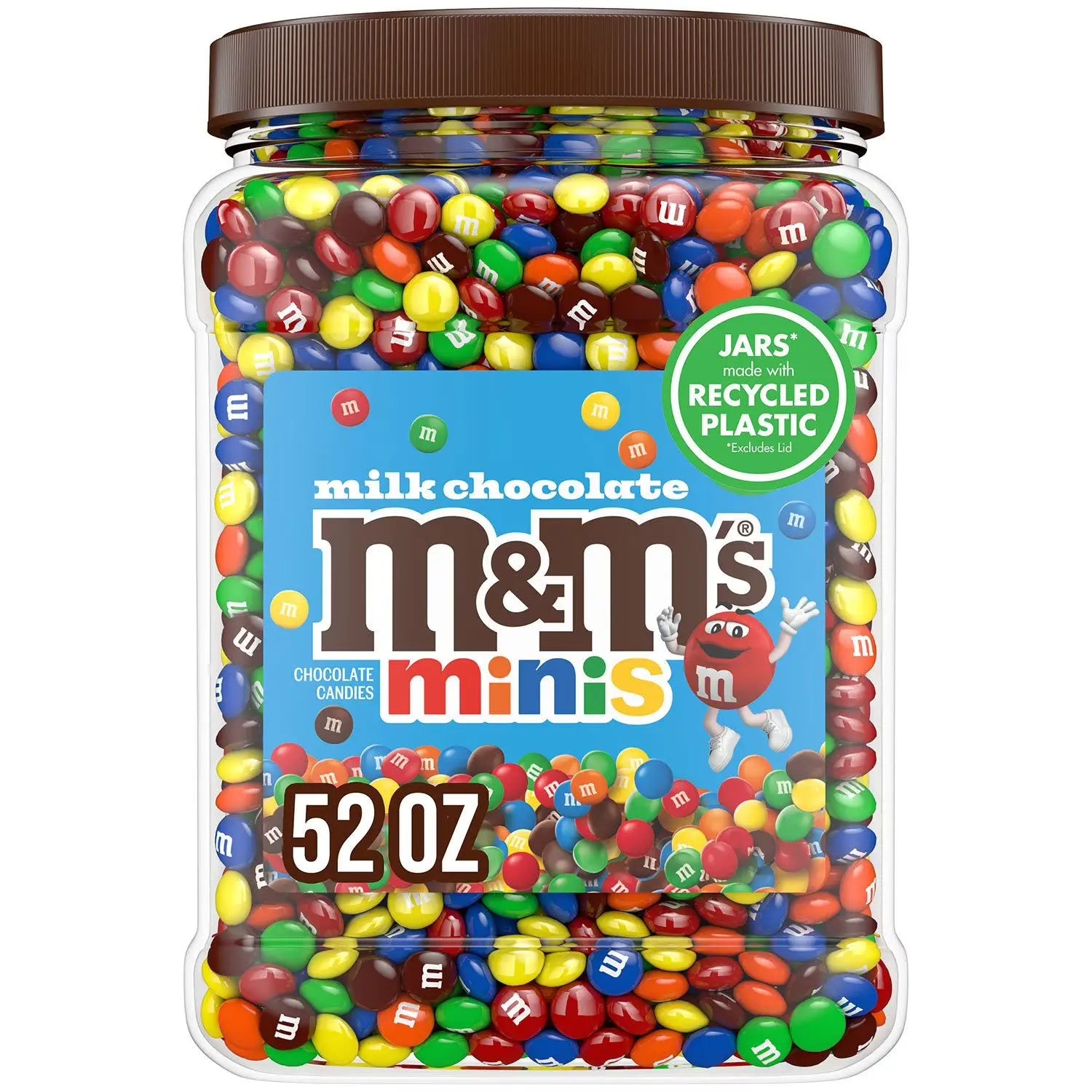 Jar of M&M's Minis with colorful candies and a visible label on a white background
