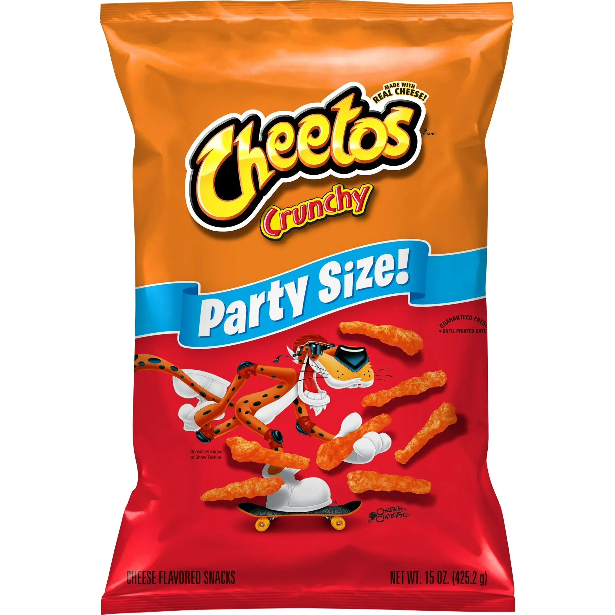 Cheetos Crunchy party size bag with orange and red design