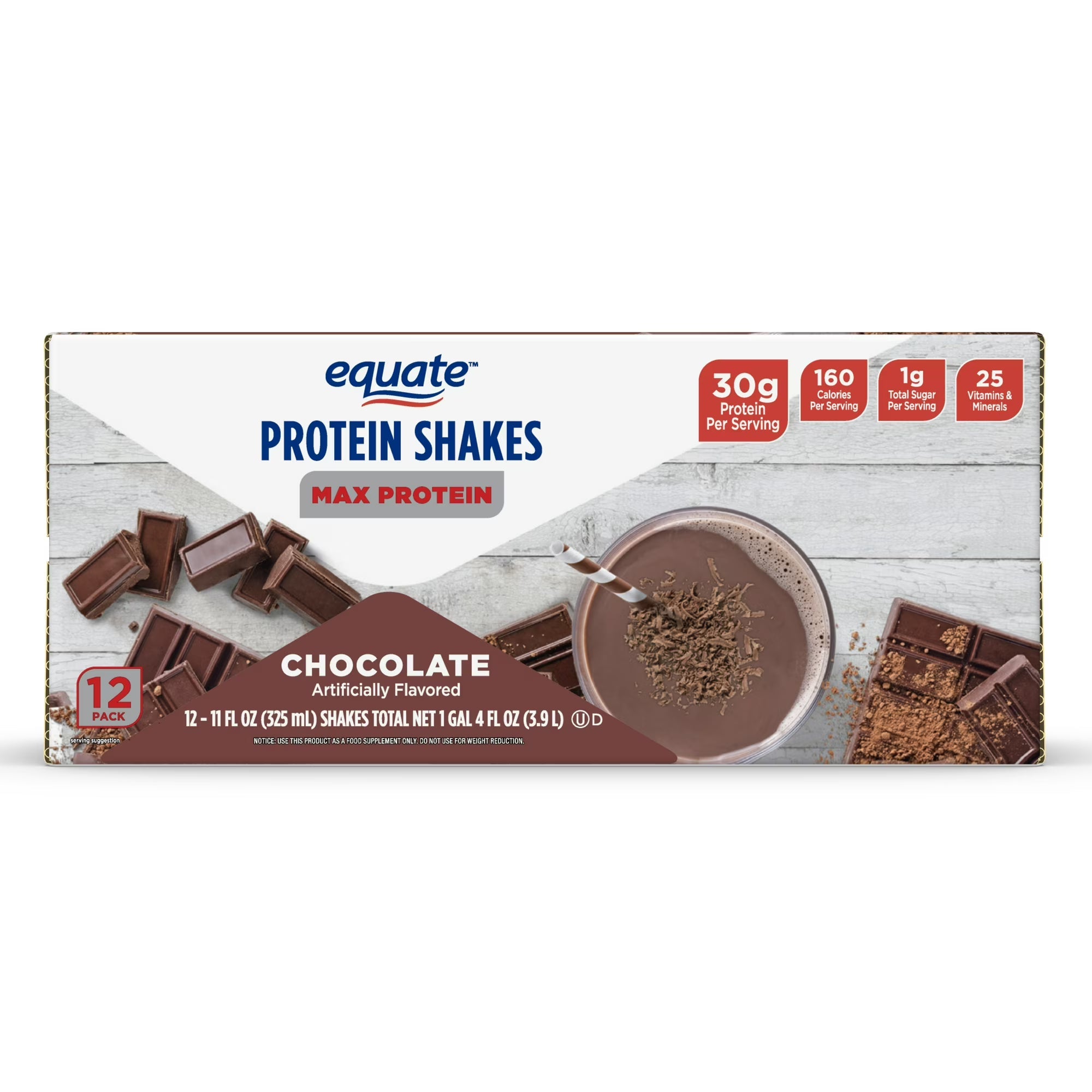 Equate Max Protein Chocolate Nutrition Shake, 30g Protein, 11 fl oz Bottles, 12 Pack - Low Sugar High Protein for Active American Lifestyles WA
