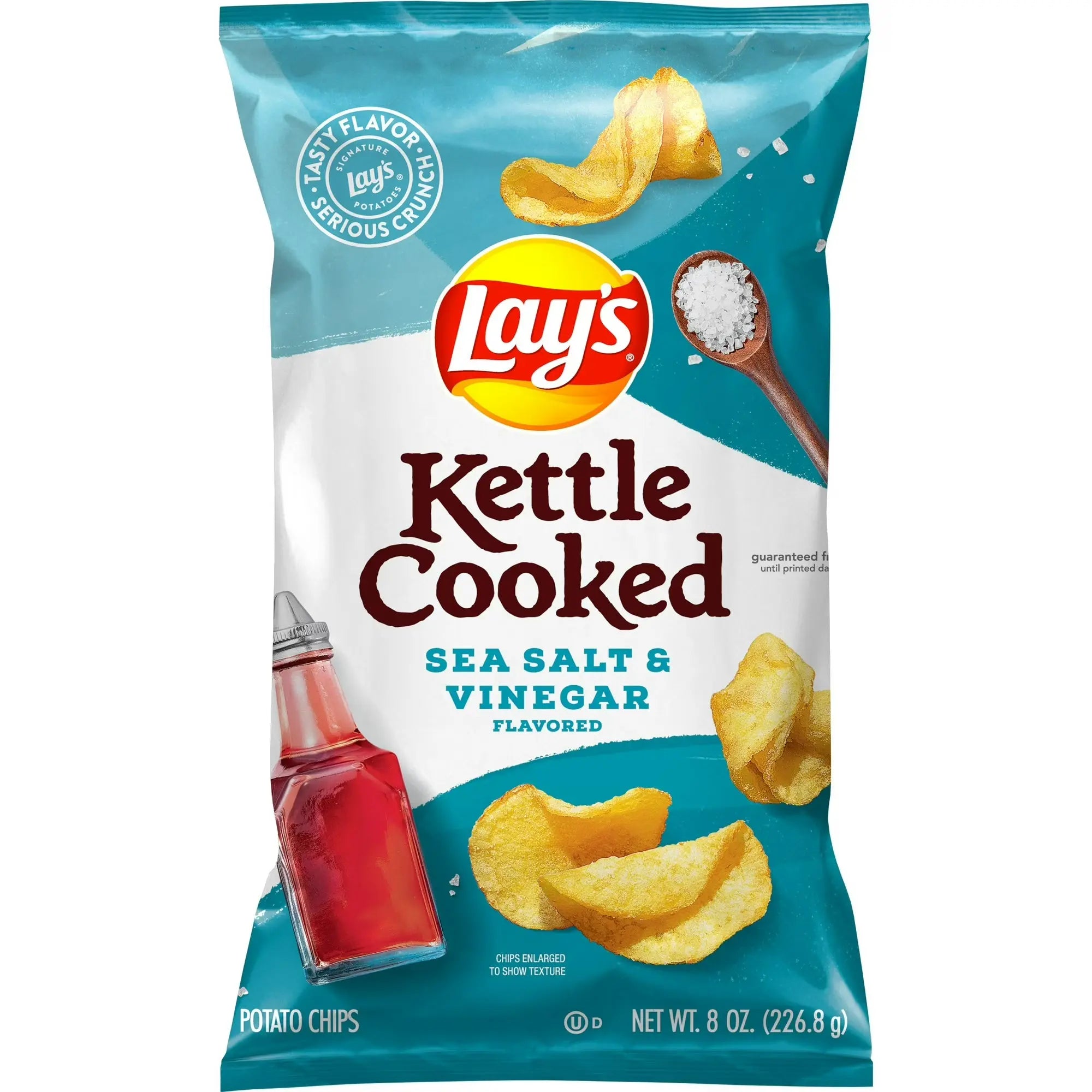 Lay's Kettle Cooked Sea Salt & Vinegar flavored potato chips packaging on a white background