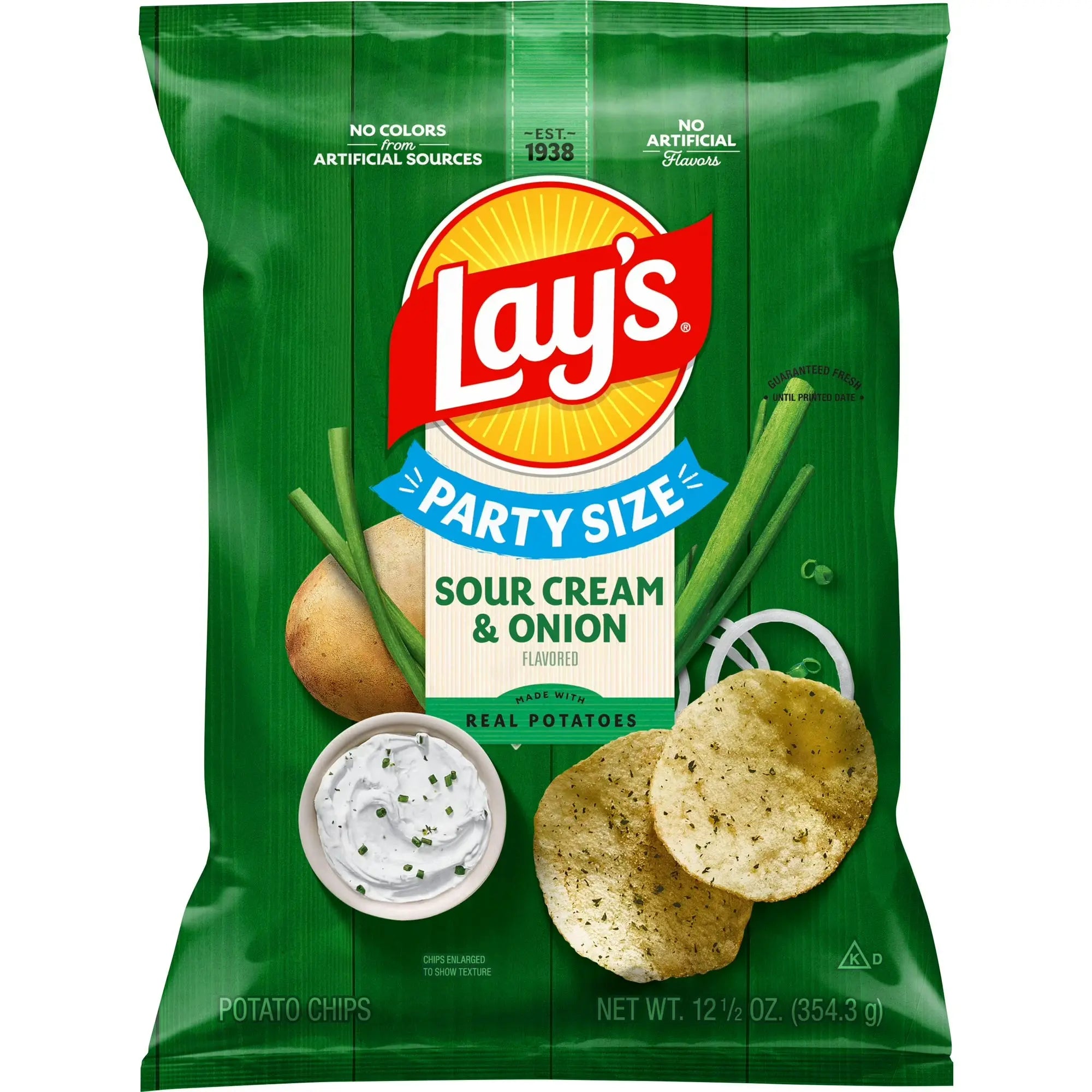 Green bag of Lay's Sour Cream & Onion potato chips on a white background