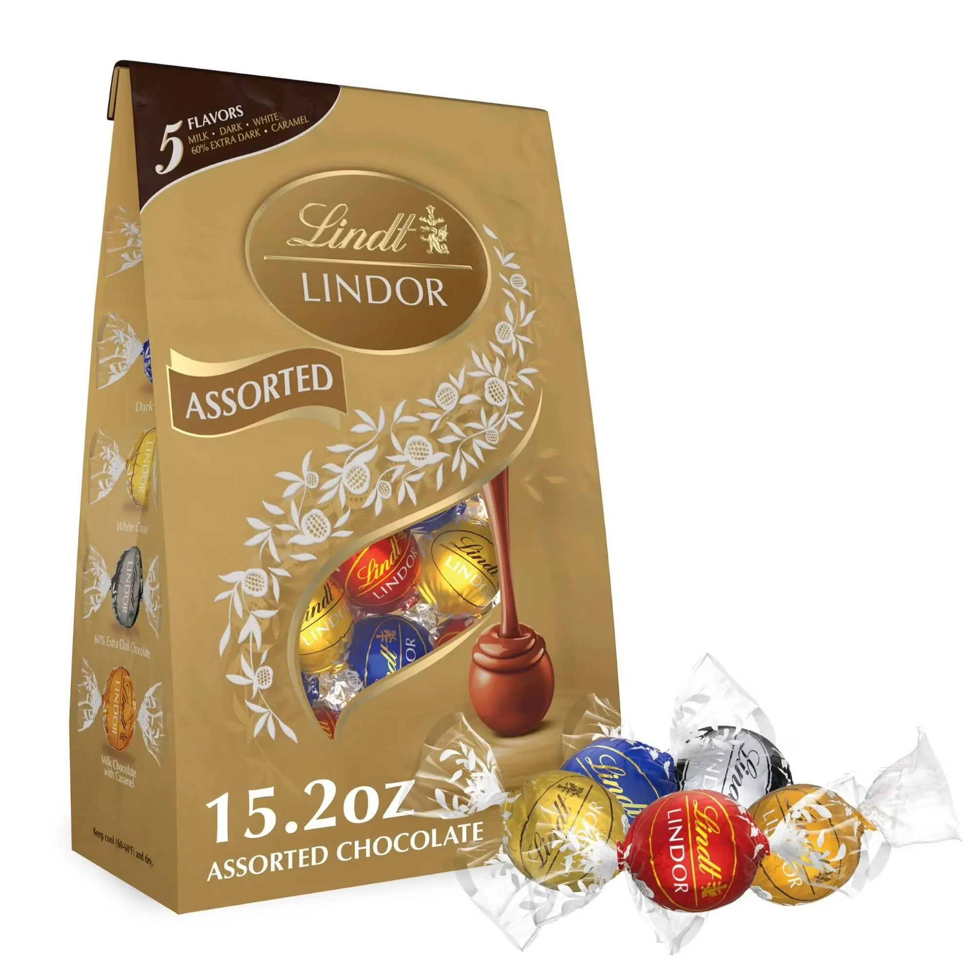 Lindt Lindor assorted chocolate packaging with chocolates displayed in front