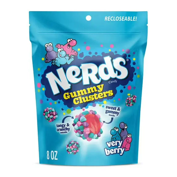Nerds Gummy Clusters packaging with colorful gummy characters on a blue background