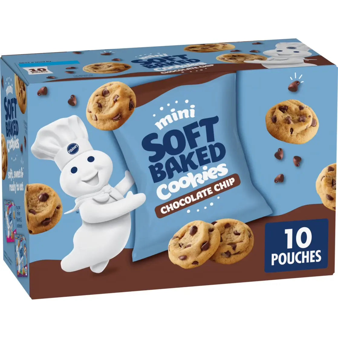 Pillsbury Mini Soft Baked Chocolate Chip Cookies, 10 x 1 oz Snack Pouches, 10 oz Carton - Ready-to-Eat American Treats WA