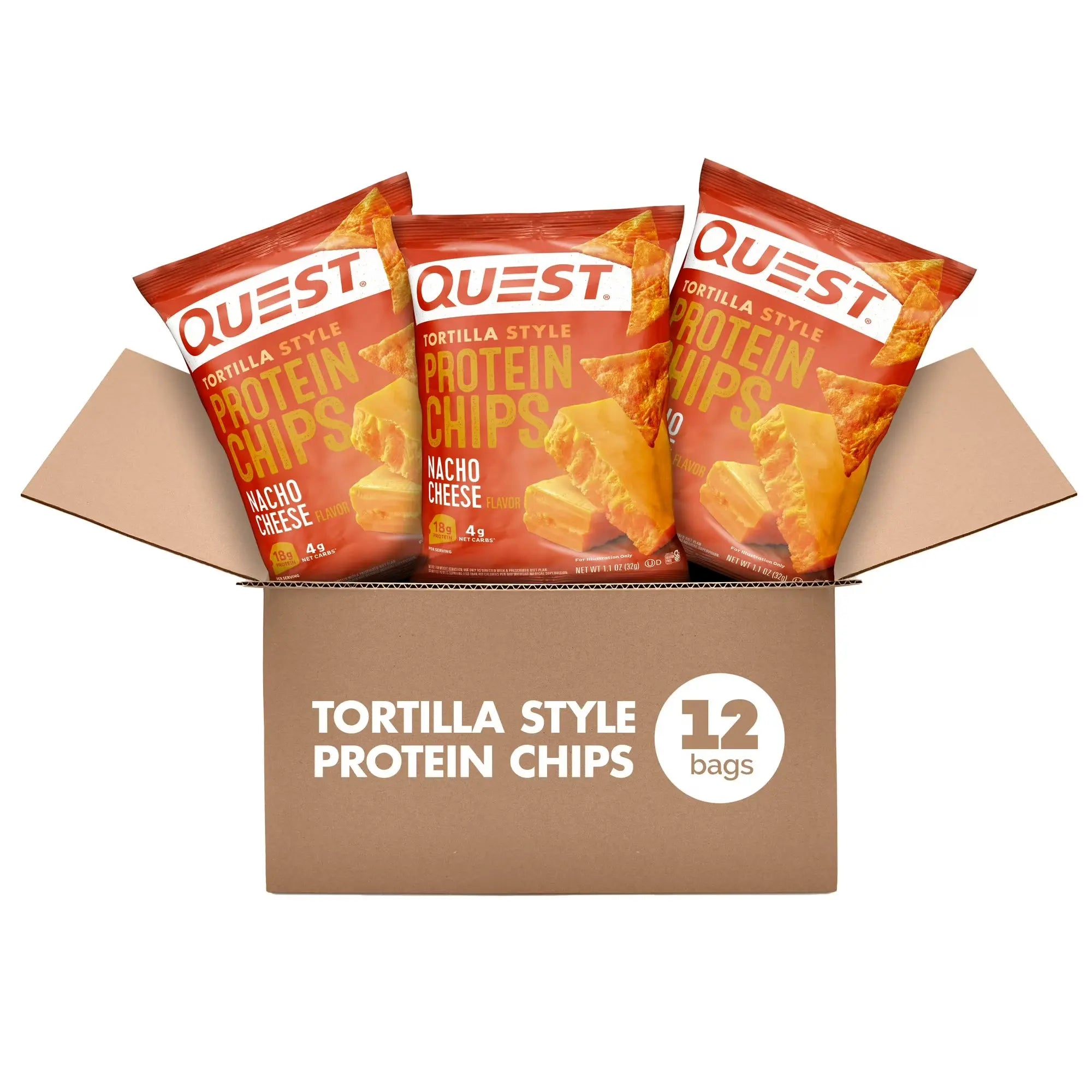 Box of Quest Tortilla Style Protein Chips with three bags visible.