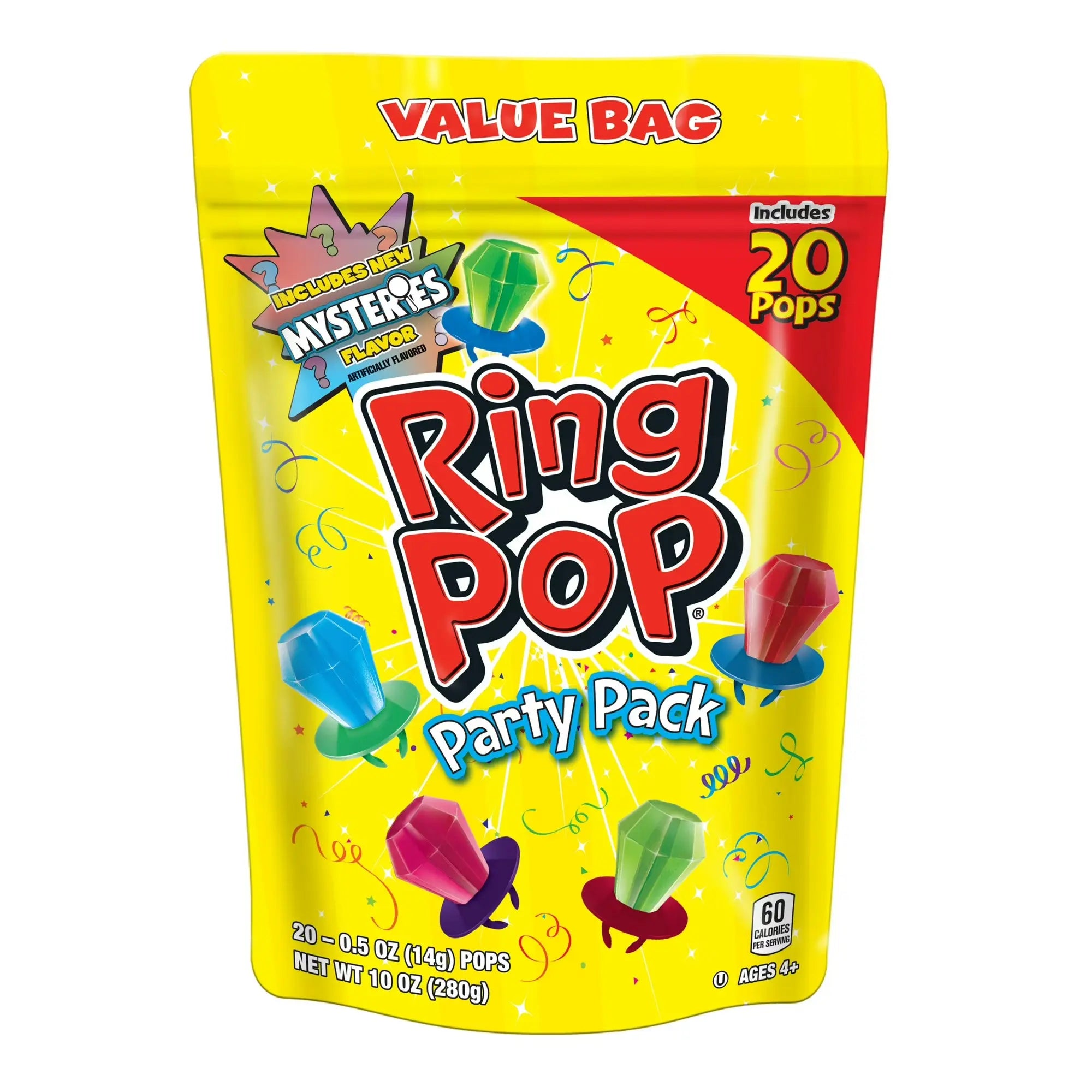 Ring Pop Party Pack value bag with colorful ring pops on a yellow background