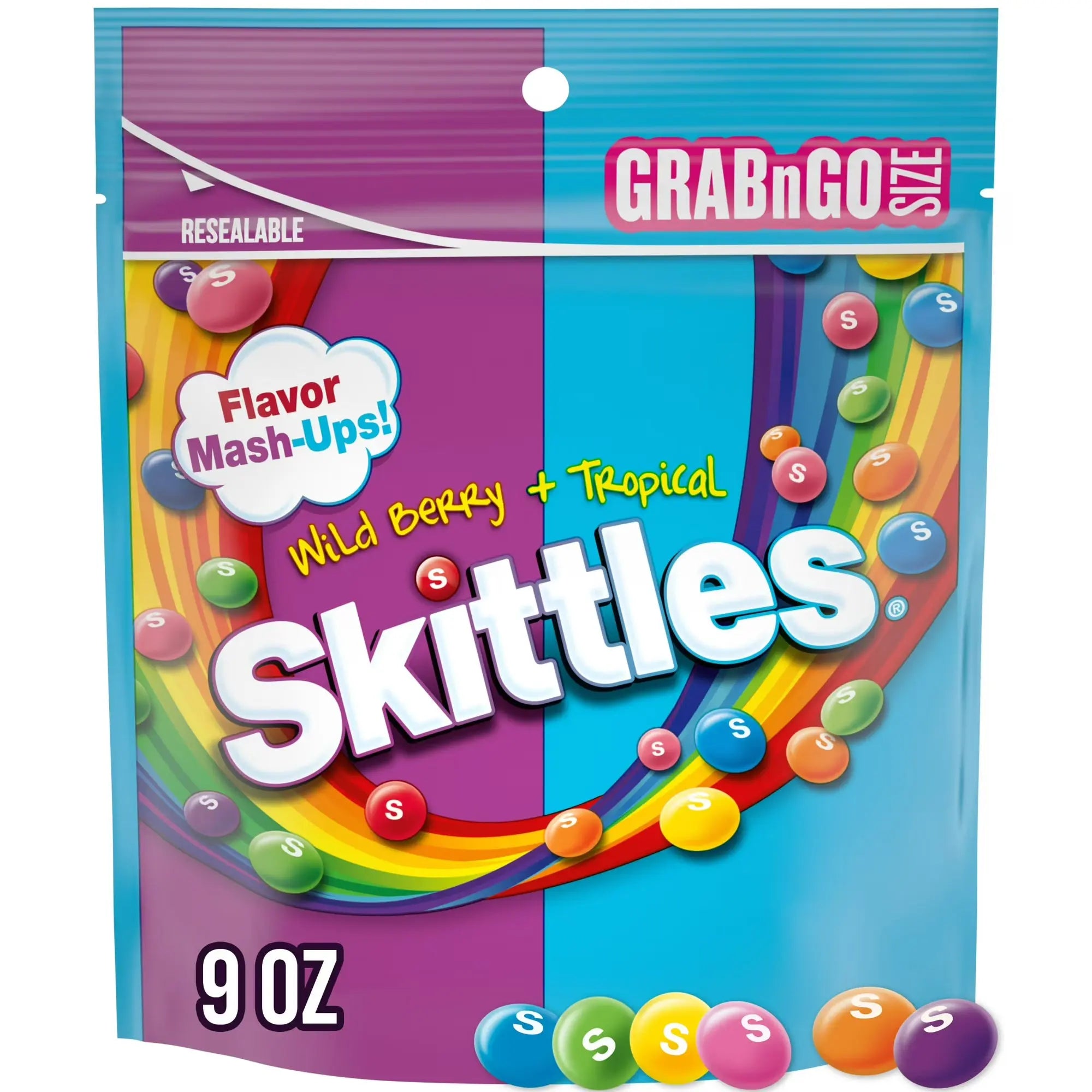 Skittles candy package with 'Wild Berry + Tropical' flavor mash-ups on a white background