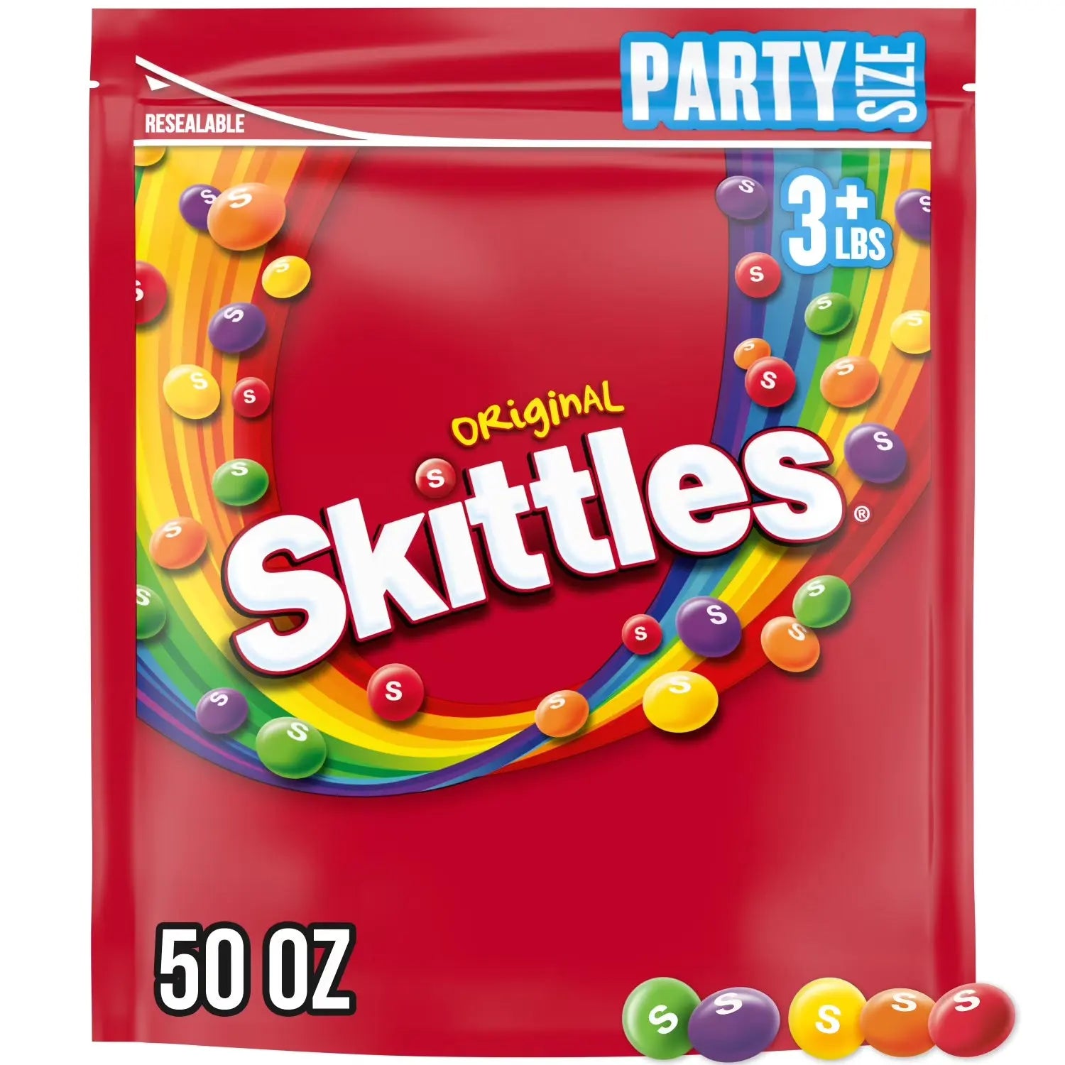 Skittles party size packaging with colorful candy illustration on a red background