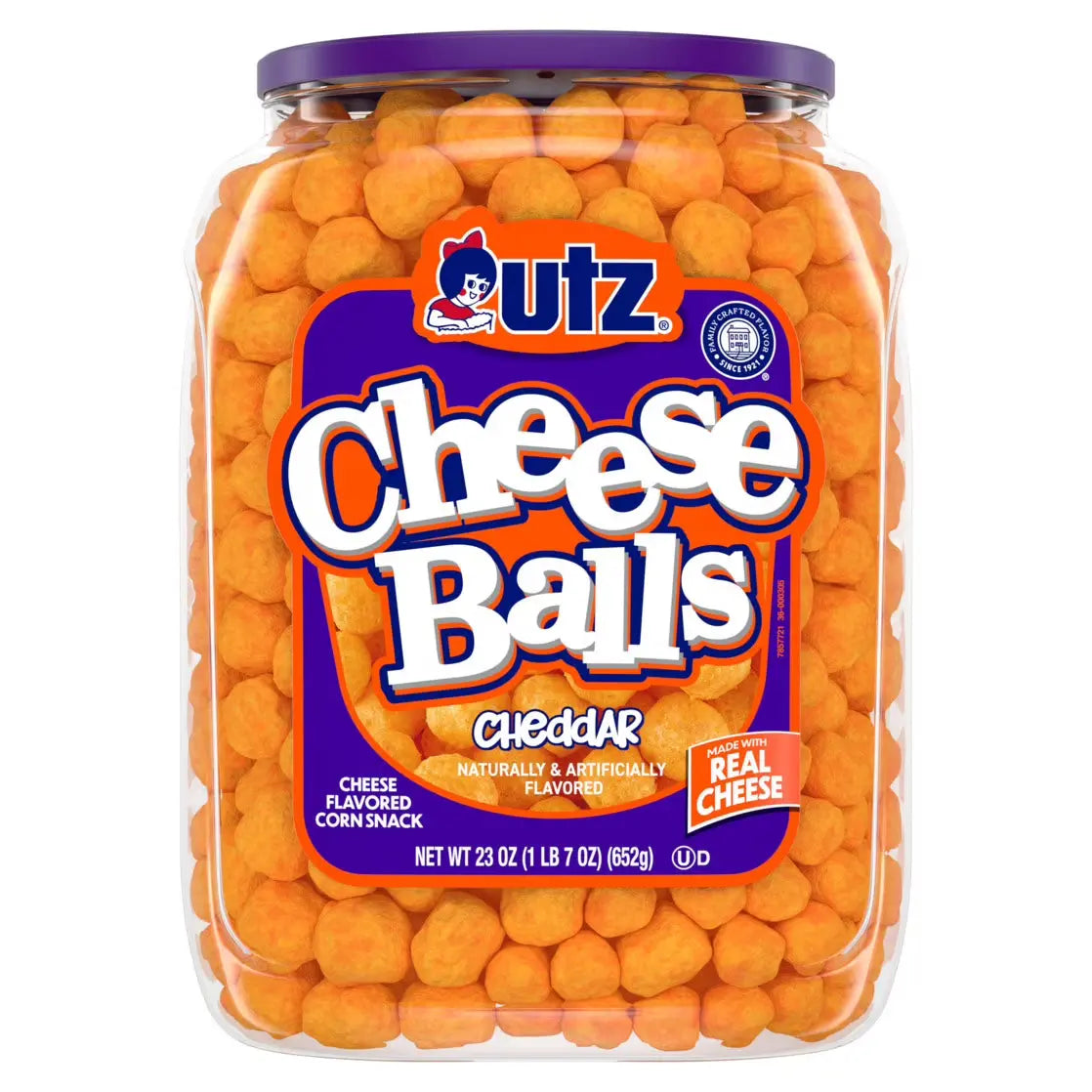 Jar of Utz Cheese Balls Cheddar flavored corn snack on a white background