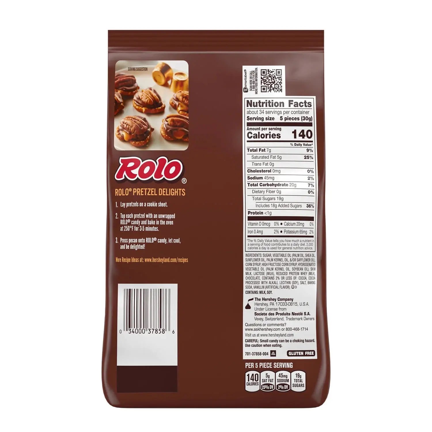 Rolo pretzel delights packaging with nutrition facts and ingredients on a white background