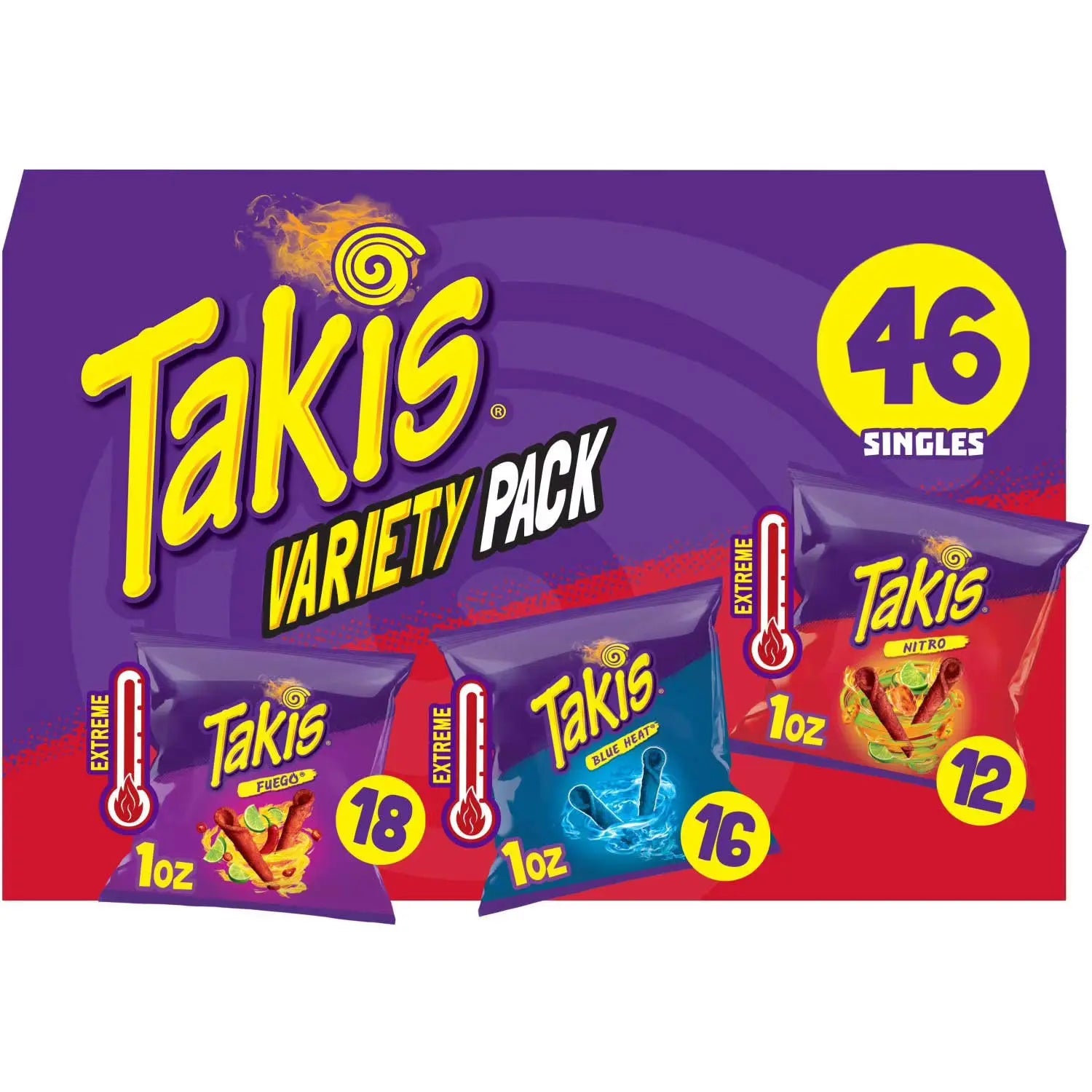 Takis Variety Pack packaging with multiple packs displayed on a white background