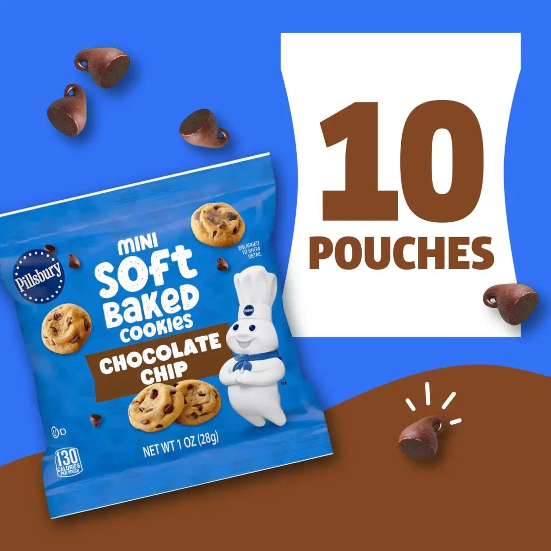 Pillsbury Mini Soft Baked Chocolate Chip Cookies, 10 x 1 oz Snack Pouches, 10 oz Carton - Ready-to-Eat American Treats WA