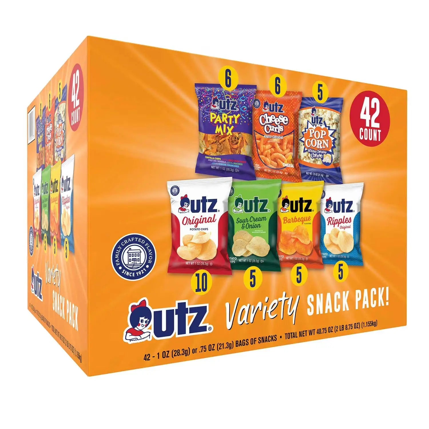 UTZ Variety Snack Pack box with multiple snack bags displayed on an orange background
