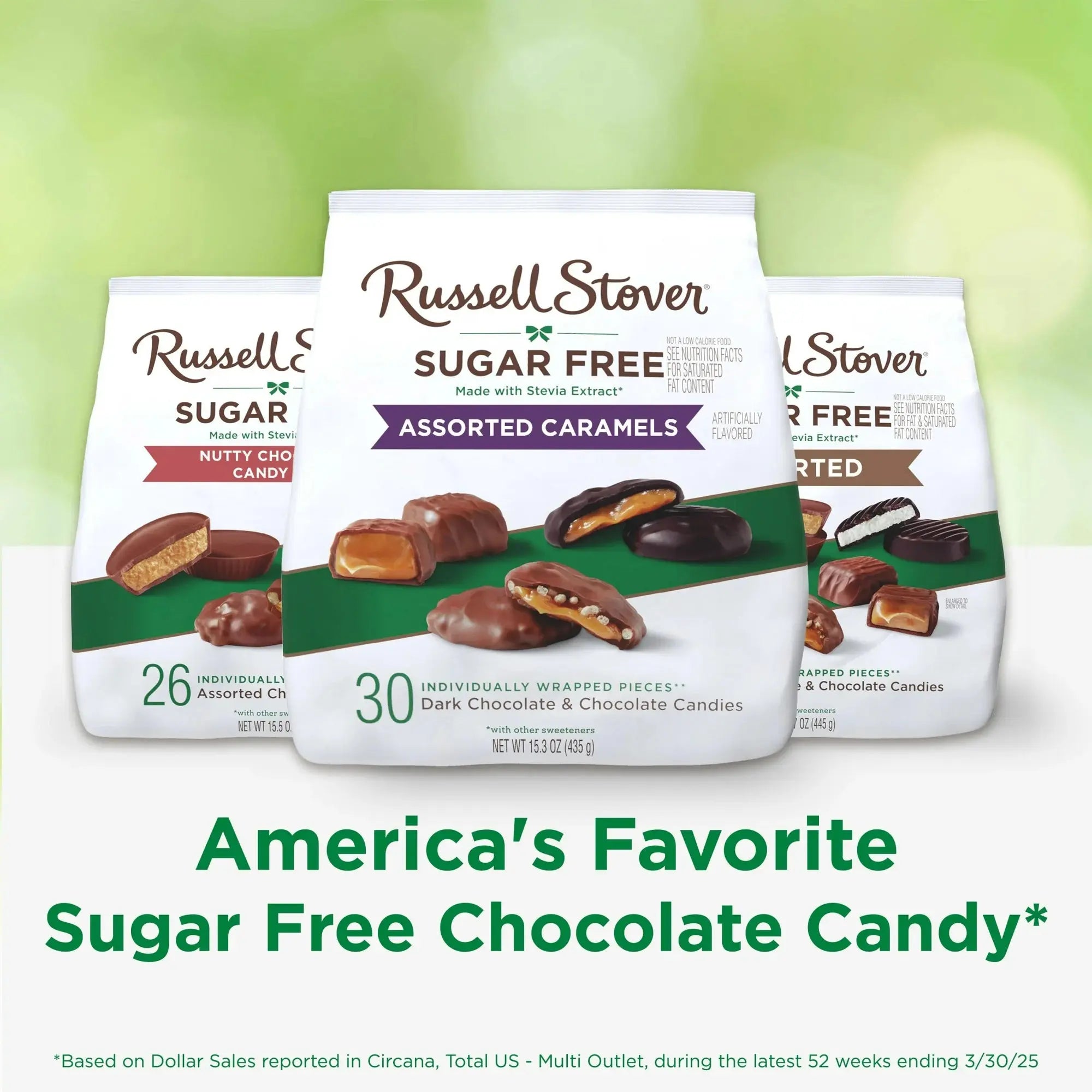 Russell Stover Sugar Free Assorted Caramels packaging on a green background