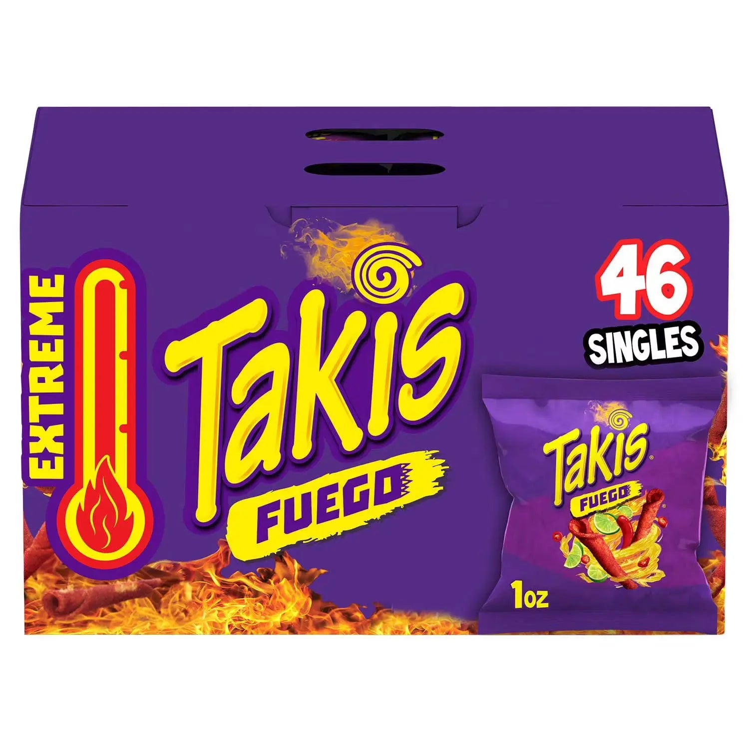 Takis Fuego packaging with purple box and fiery design elements.