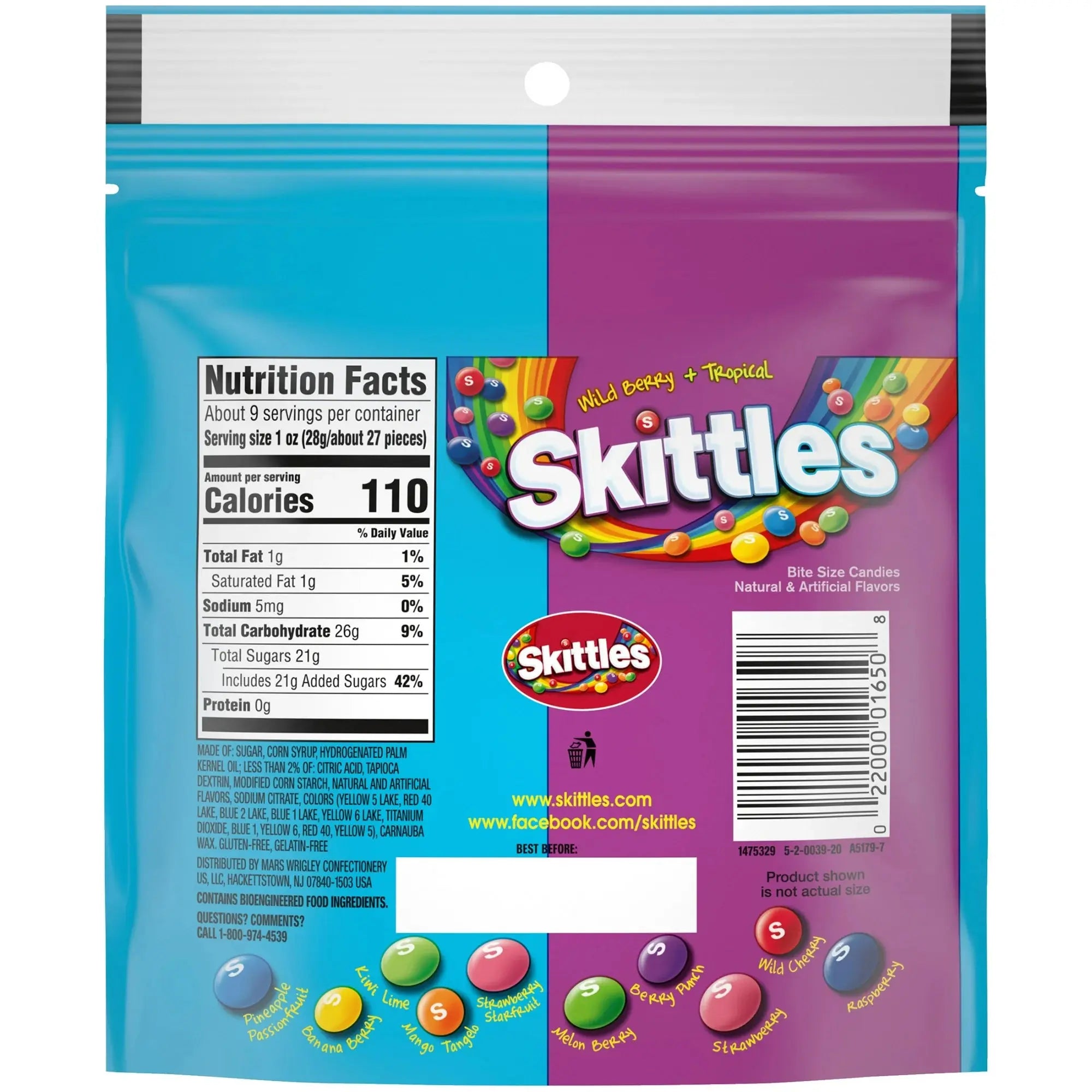 Skittles candy package with colorful design and nutrition facts label.