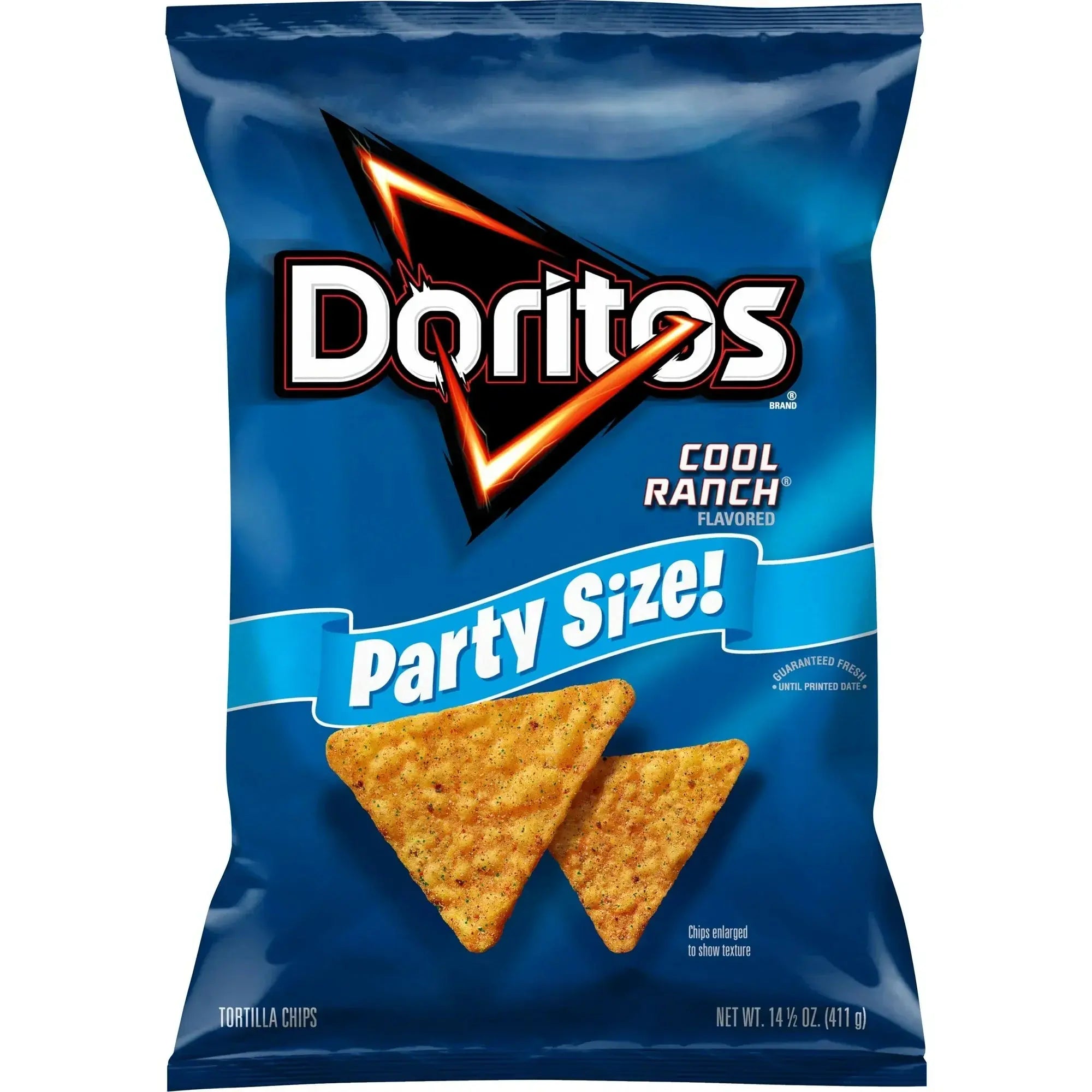 Doritos Cool Ranch flavored tortilla chips party size bag on a white background