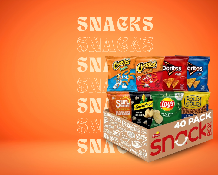 Assorted snack bags including Cheetos, Doritos, and Fritos in a box on an orange background with 'snacks' text.